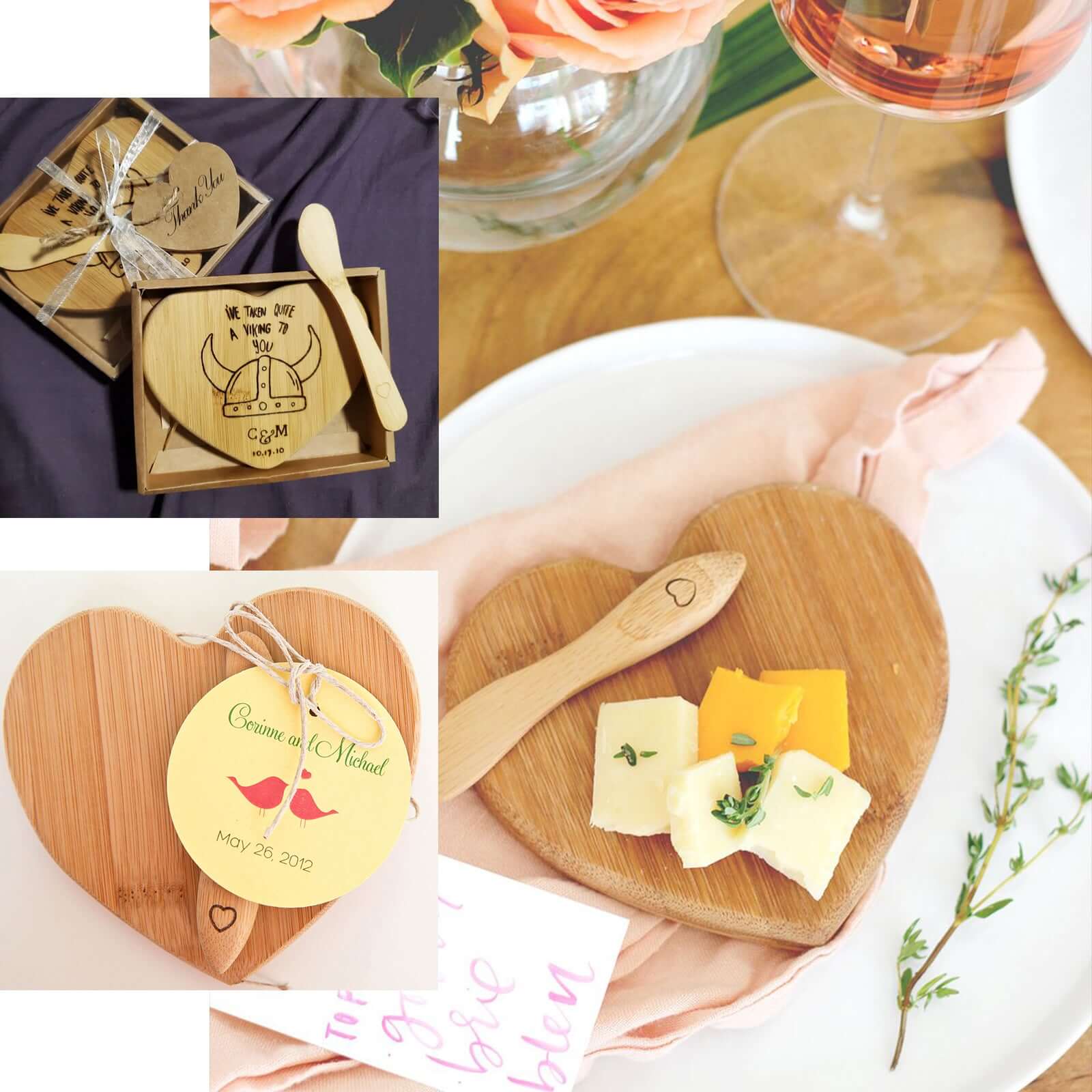 Heart Shaped Bamboo Brie Cheese Board and Knife Set Party Favor with Clear Gift Box, Ribbon & Thank You Tag - Image 5