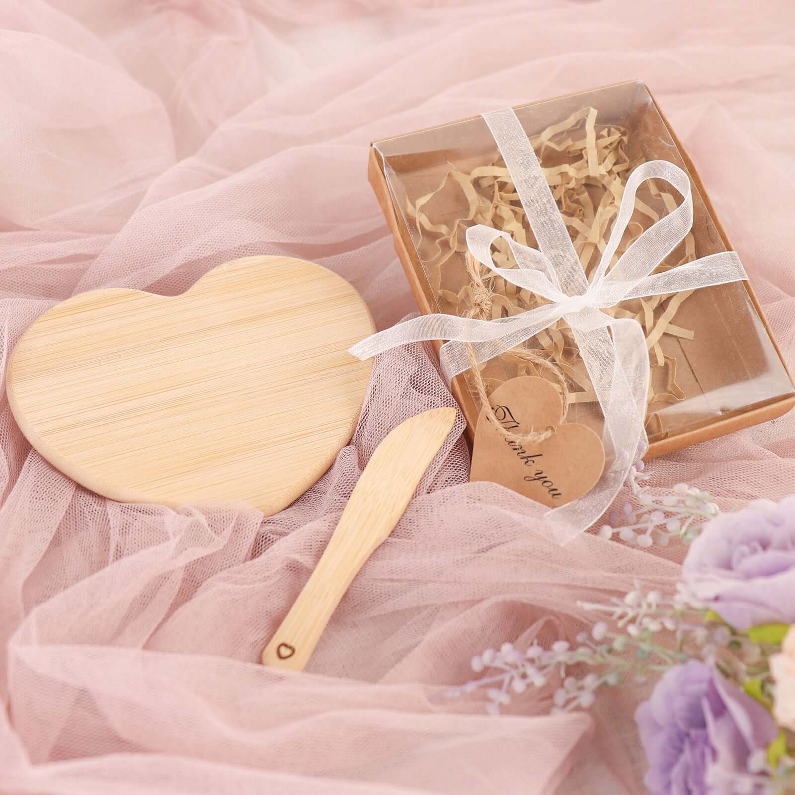 Heart Shaped Bamboo Brie Cheese Board and Knife Set Party Favor with Clear Gift Box, Ribbon & Thank You Tag - Image 6