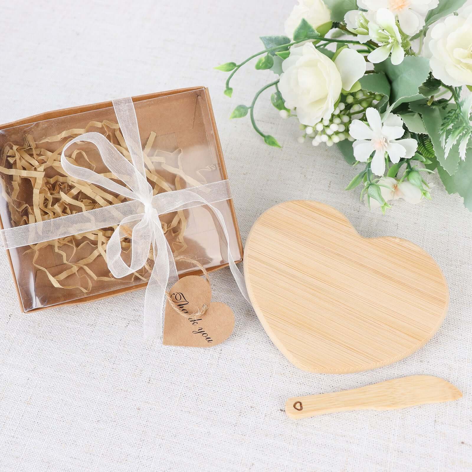 Heart Shaped Bamboo Brie Cheese Board and Knife Set Party Favor with Clear Gift Box, Ribbon & Thank You Tag - Image 8