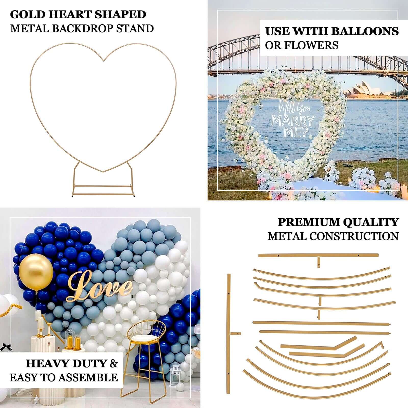 Heavy Duty Gold Metal Heart Shape Wedding Arch Photo Backdrop Stand, Floral Balloon Frame with Sturdy Rectangular Base - 7ft - Image 4