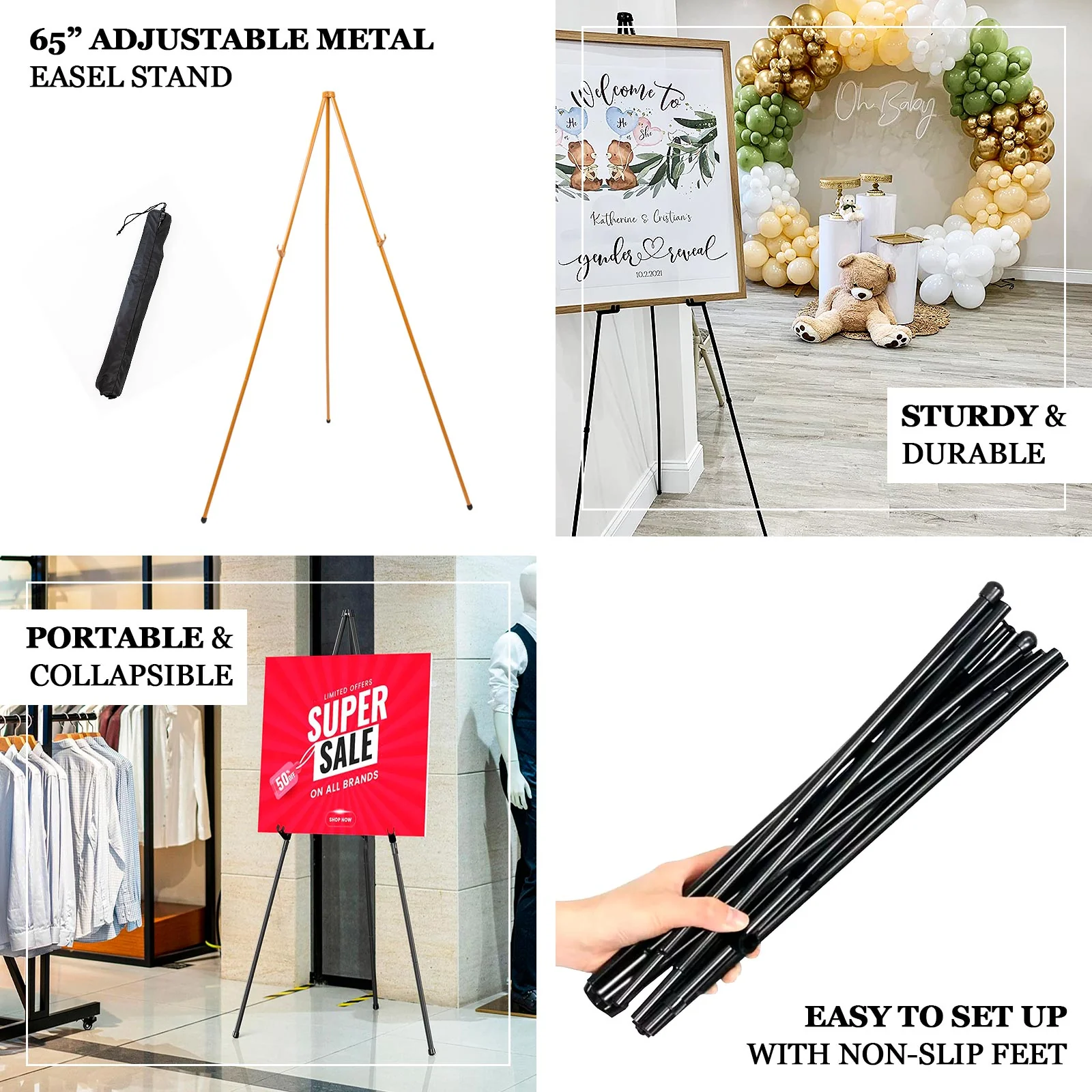 Heavy Duty Portable Gold Metal Easel Stand - 65" Adjustable Tripod, Collapsible for Art, Signs, and Display - Image 3