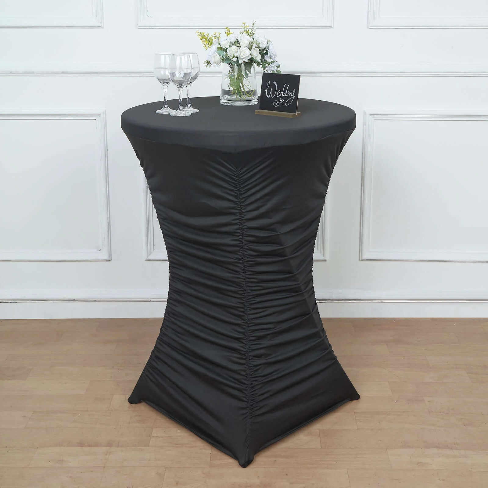 Heavy Duty Spandex Fitted Round Cocktail Table Cover 30" Black Ruched Pleated - Durable Stretch Tablecloth - Image 5