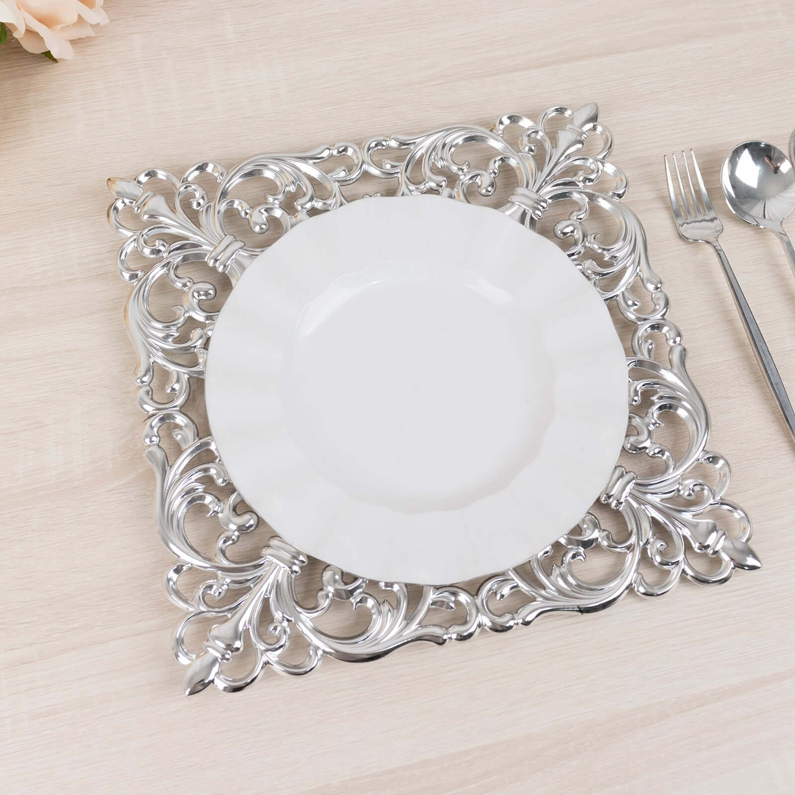 6-Pack Acrylic Charger Plates 12" Square Silver with Hollow Lace Border - Event Tabletop Decorative Charger Tableware - Image 2