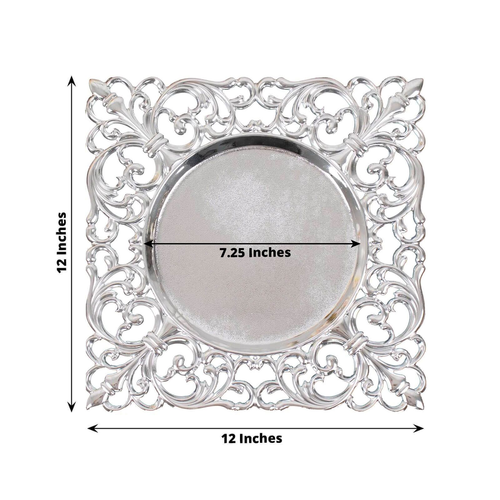 6-Pack Acrylic Charger Plates 12" Square Silver with Hollow Lace Border - Event Tabletop Decorative Charger Tableware - Image 3