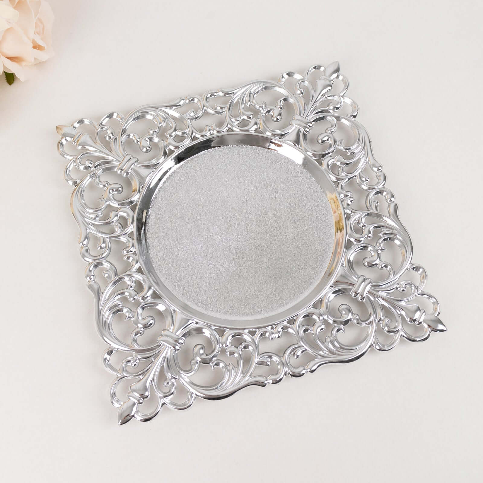 6-Pack Acrylic Charger Plates 12" Square Silver with Hollow Lace Border - Event Tabletop Decorative Charger Tableware - Image 4