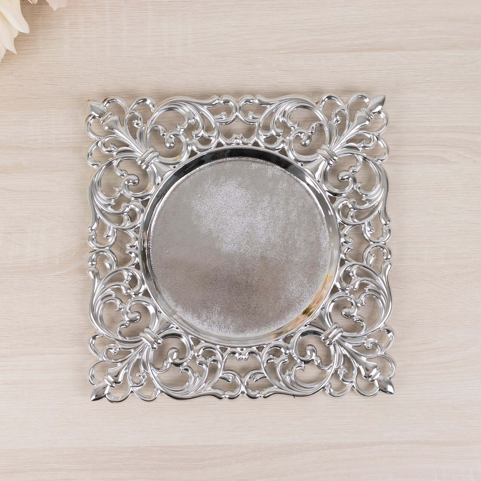 6-Pack Acrylic Charger Plates 12" Square Silver with Hollow Lace Border - Event Tabletop Decorative Charger Tableware - Image 5