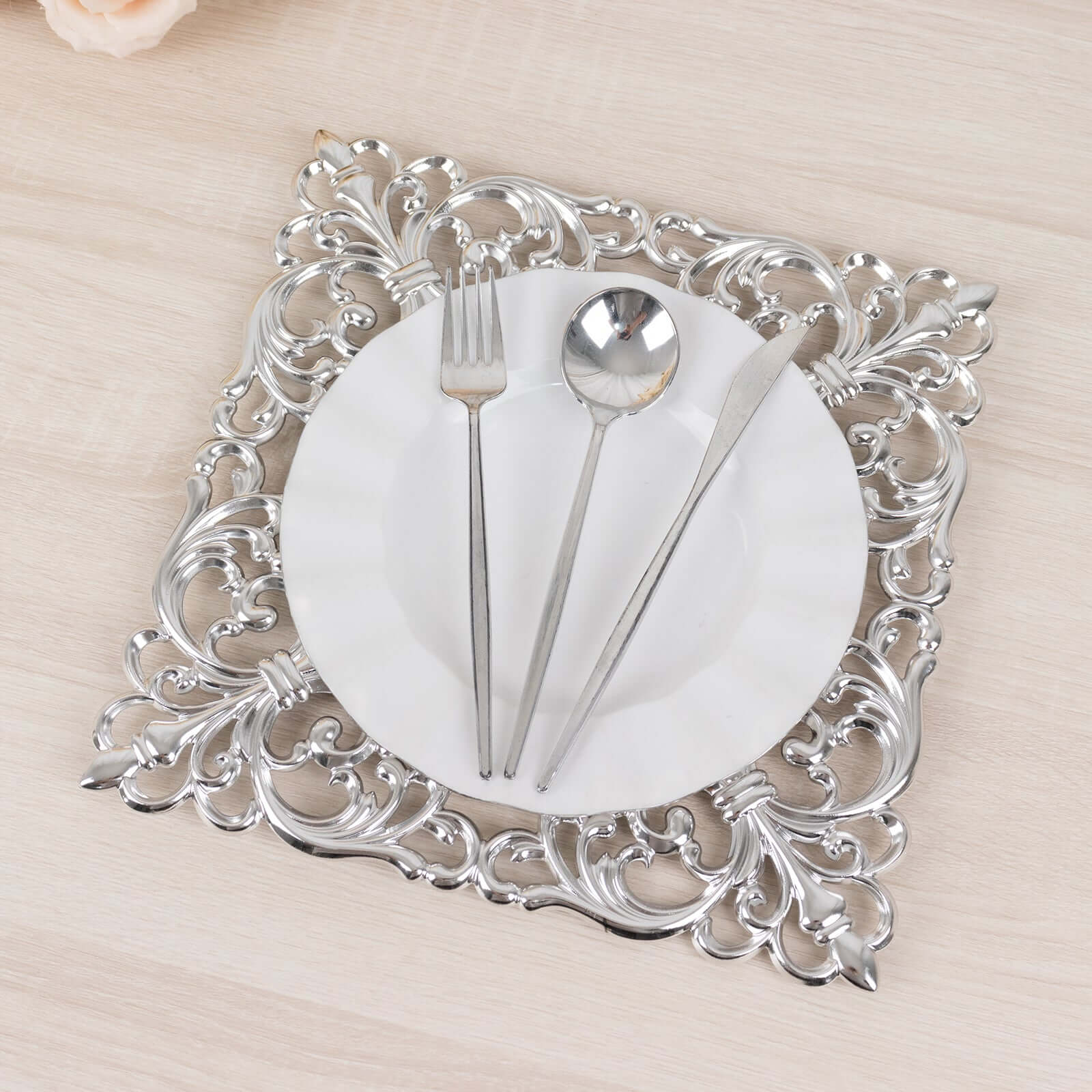 6-Pack Acrylic Charger Plates 12" Square Silver with Hollow Lace Border - Event Tabletop Decorative Charger Tableware - Image 8