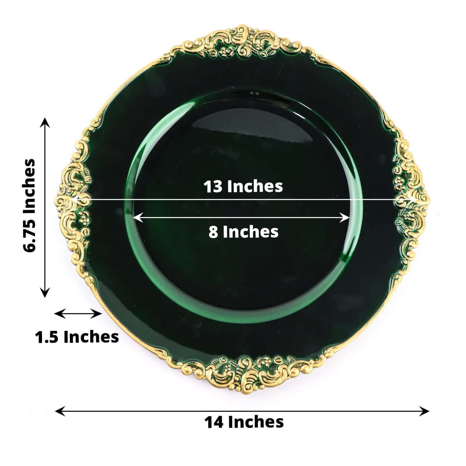 6-Pack Acrylic Charger Plates 13" Round Hunter Emerald Green with Gold Embossed Baroque Rim - Antique Decorative Dinner Tableware - Image 3