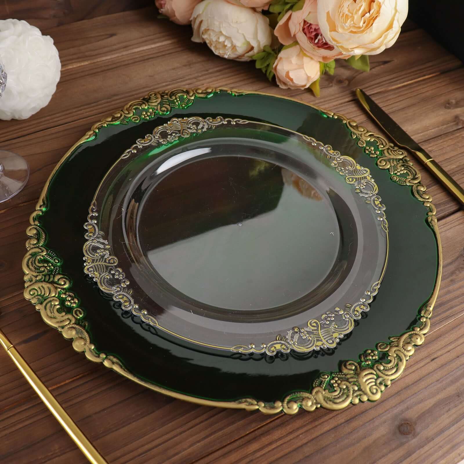 6-Pack Acrylic Charger Plates 13" Round Hunter Emerald Green with Gold Embossed Baroque Rim - Antique Decorative Dinner Tableware - Image 8