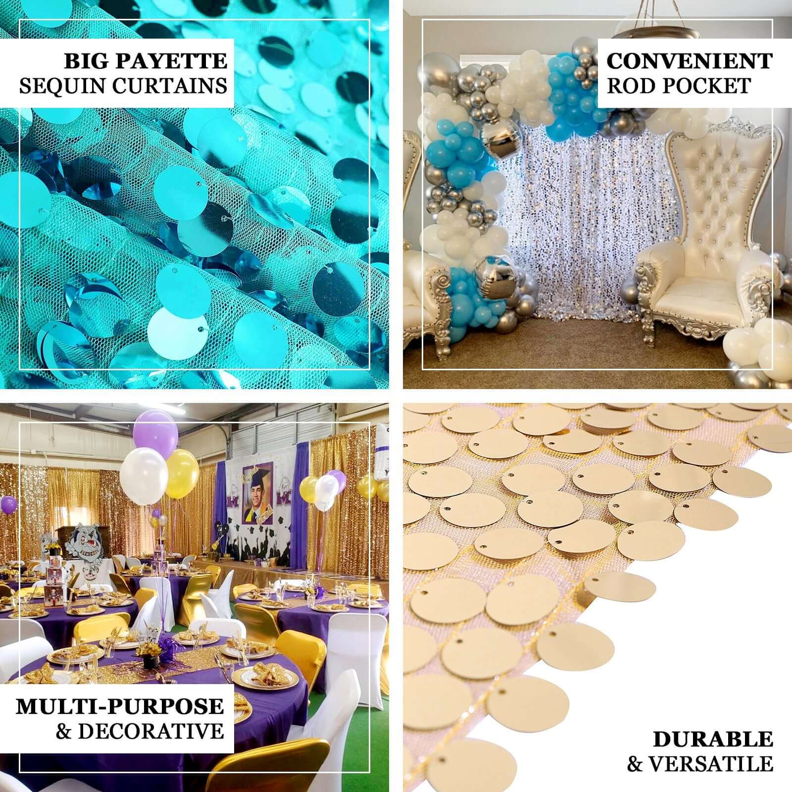 Iridescent Blue Big Payette Sequin Backdrop Drape Curtain, Photo Booth Event Divider Panel - 8ftx8ft - Image 4