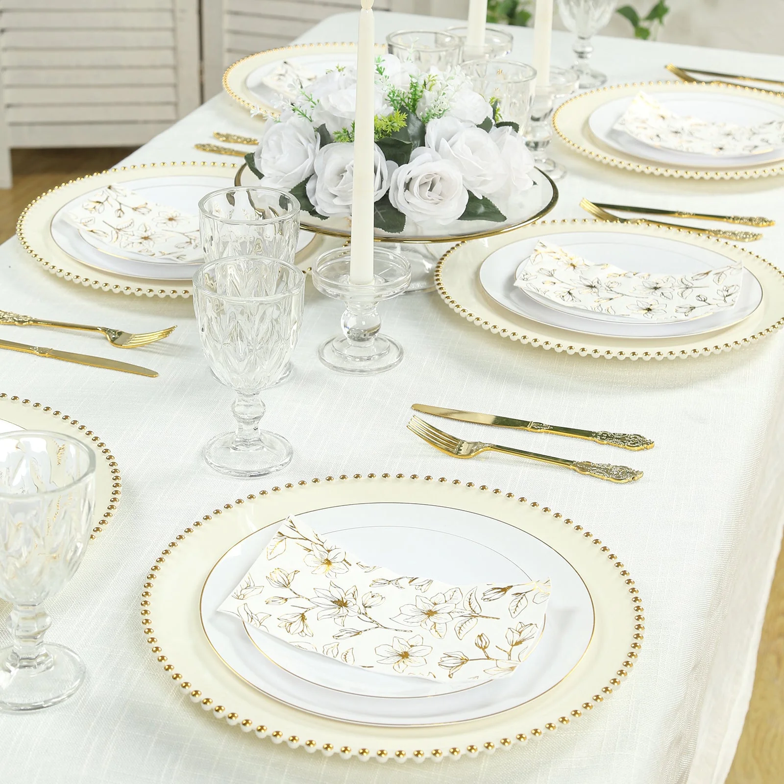10-Pack Economy Plastic Charger Plates 13" Round Ivory with Gold Beaded Rim - Stylish Dinner Party Serving Plates - Image 6