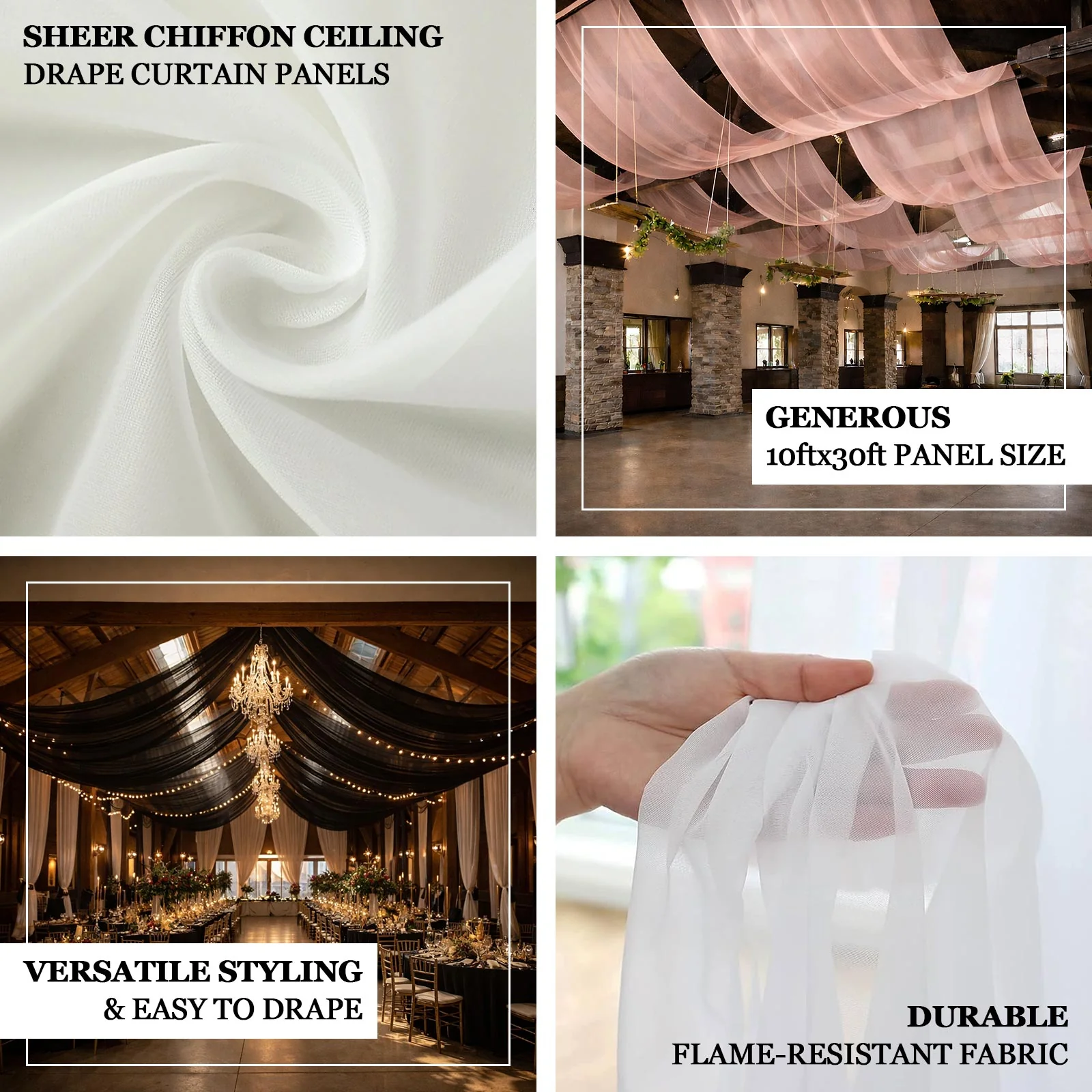 Ivory Sheer Ceiling/Curtain Draping Panels Durable Flame Resistant Fabric 10ftx30ft - Image 4
