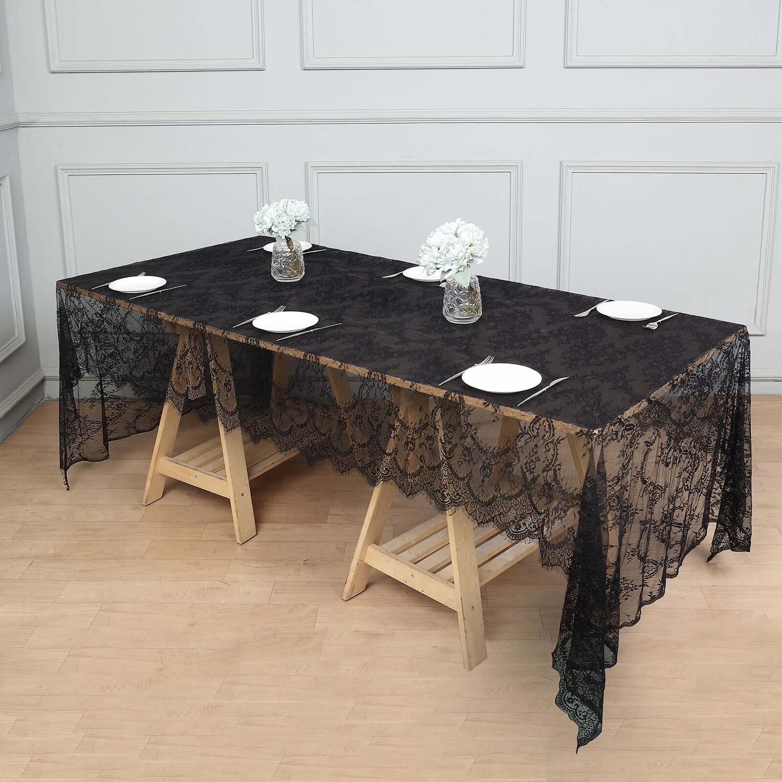 Lace Rectangle Tablecloth 60"x120" Black with Scalloped Frill Edges - Vintage Design Table Cover - Image 2