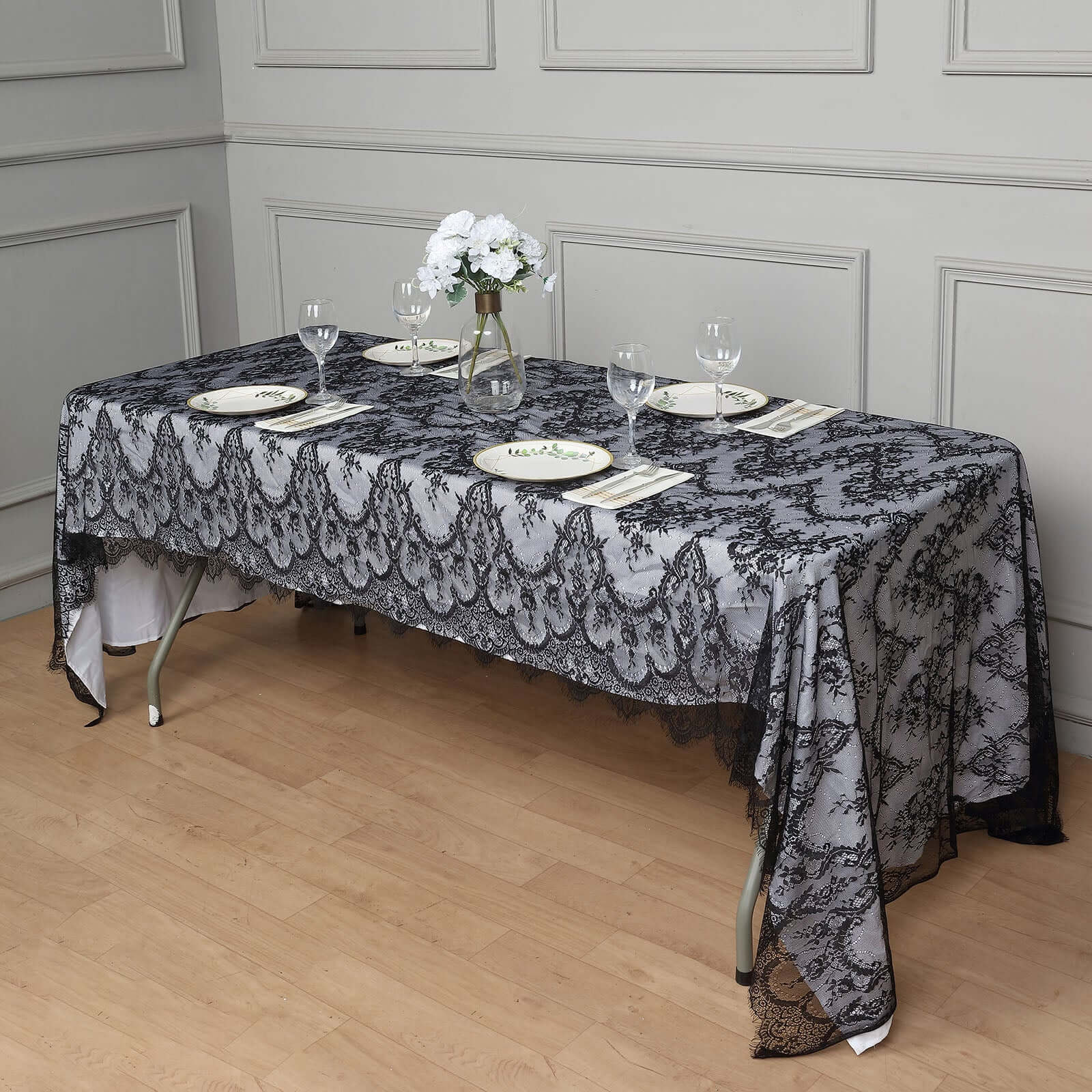 Lace Rectangle Tablecloth 60"x120" Black with Scalloped Frill Edges - Vintage Design Table Cover - Image 3
