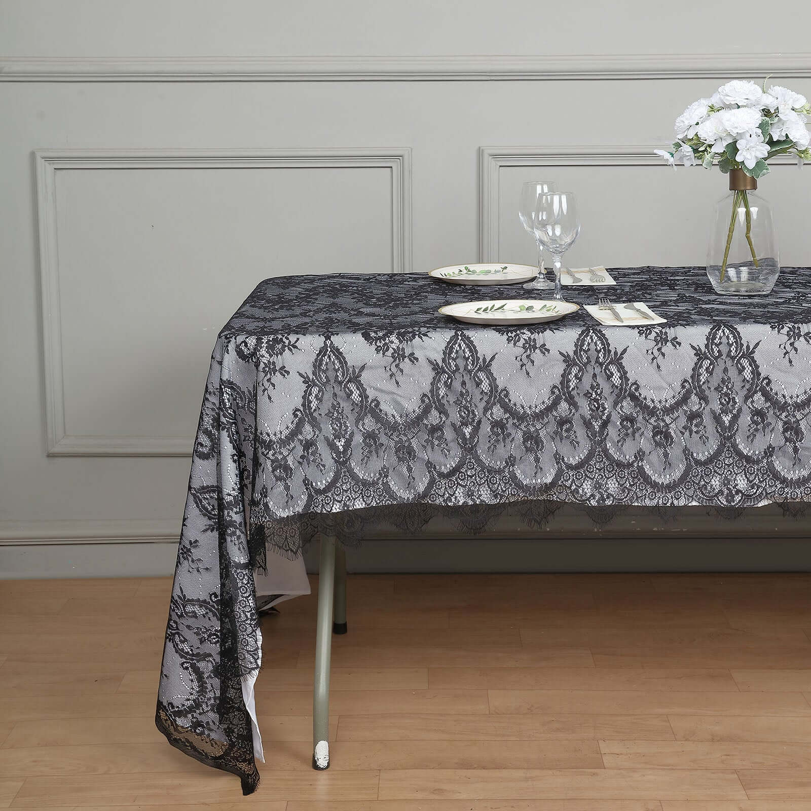 Lace Rectangle Tablecloth 60"x120" Black with Scalloped Frill Edges - Vintage Design Table Cover - Image 5