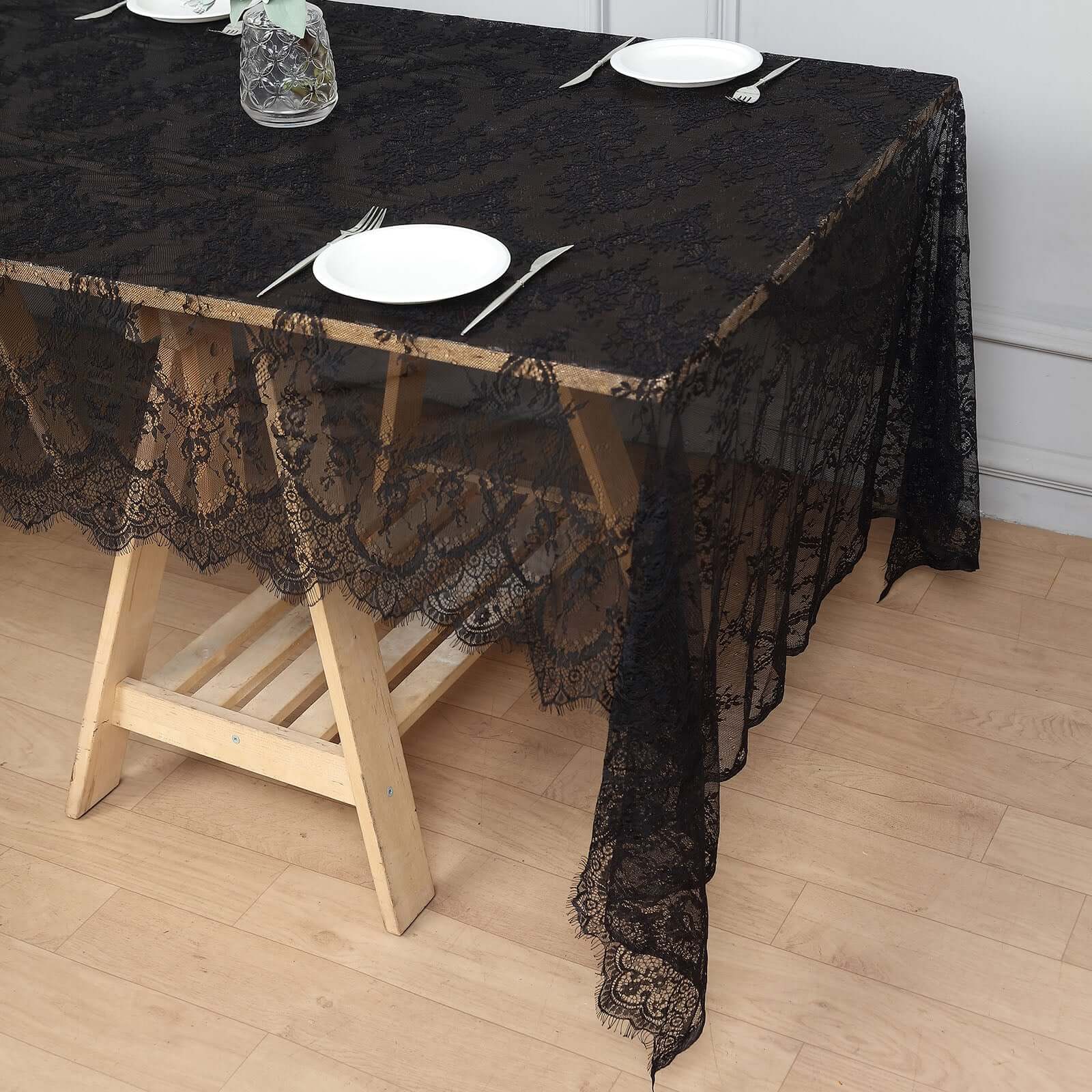 Lace Rectangle Tablecloth 60"x120" Black with Scalloped Frill Edges - Vintage Design Table Cover - Image 7