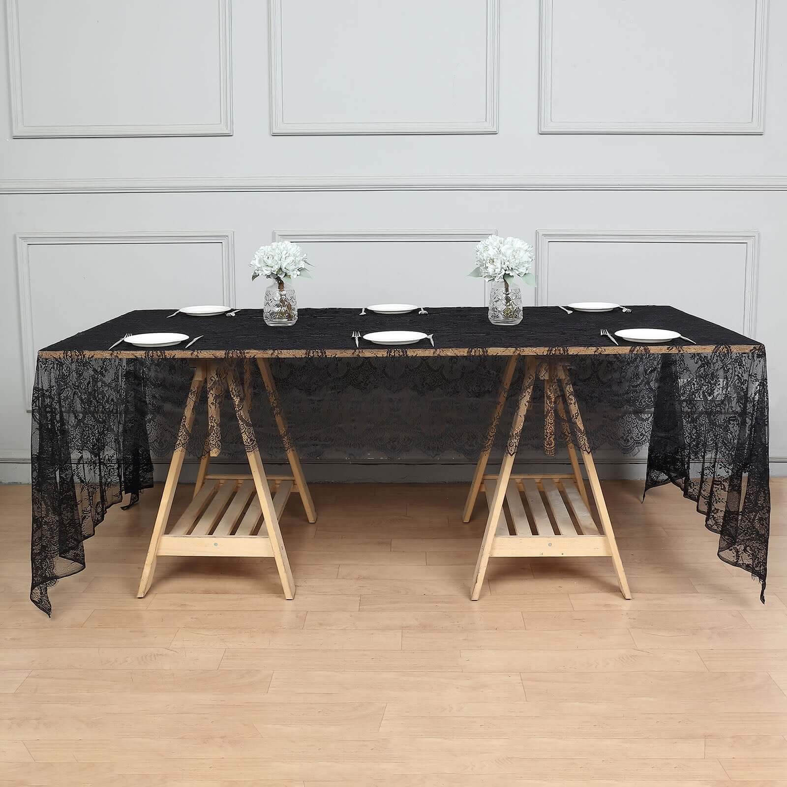 Lace Rectangle Tablecloth 60"x120" Black with Scalloped Frill Edges - Vintage Design Table Cover - Image 8