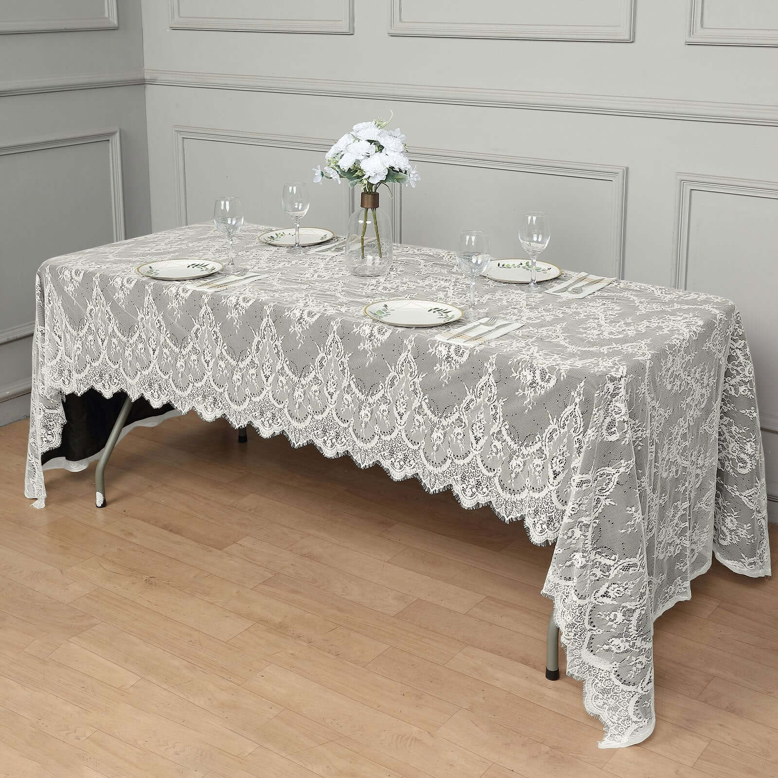 Lace Rectangle Tablecloth 60"x120" Ivory with Scalloped Frill Edges - Vintage Design Table Cover - Image 3