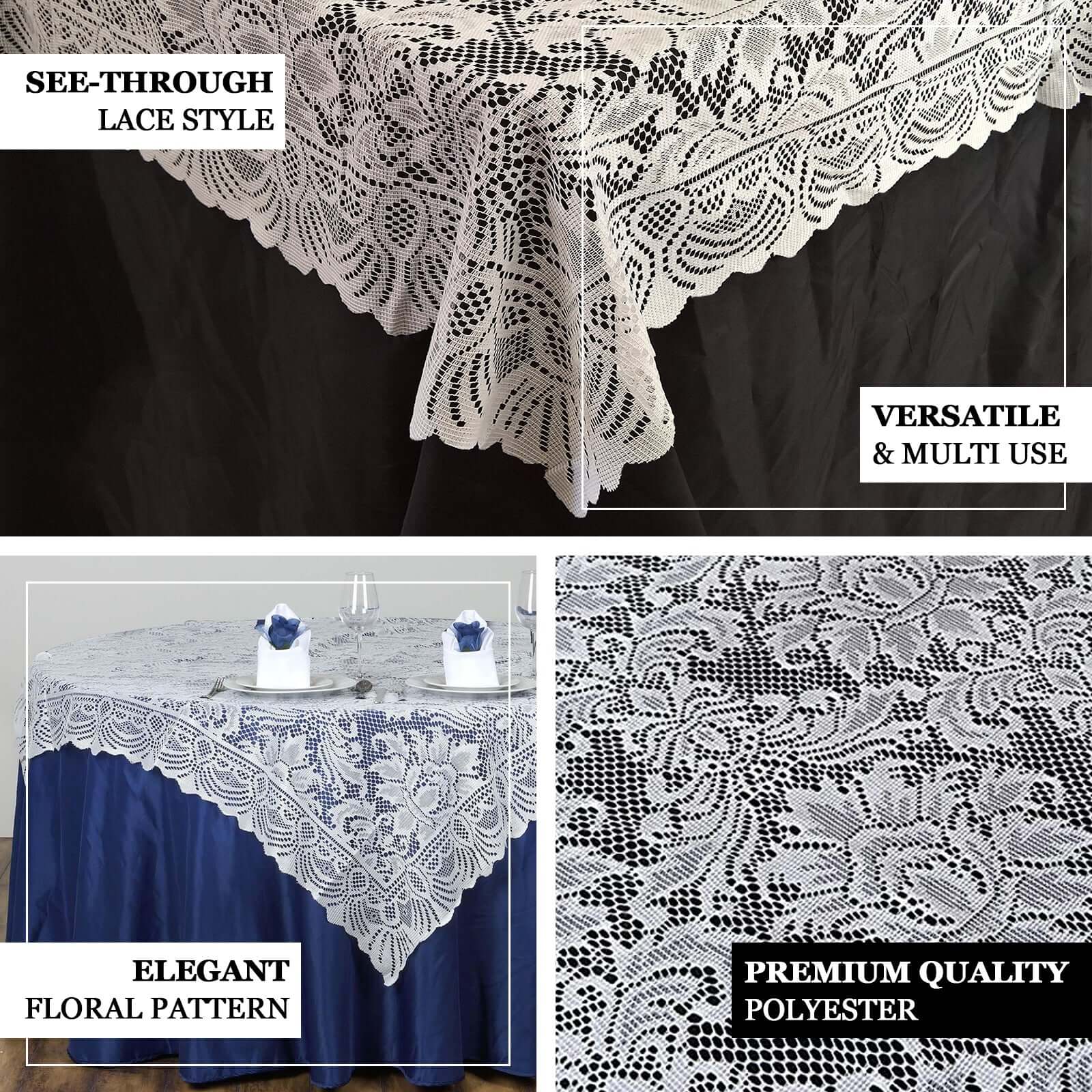 Lace Square Table Overlay 54"x54" White with Victorian Design - Perfect for Weddings and Vintage Themes - Image 3