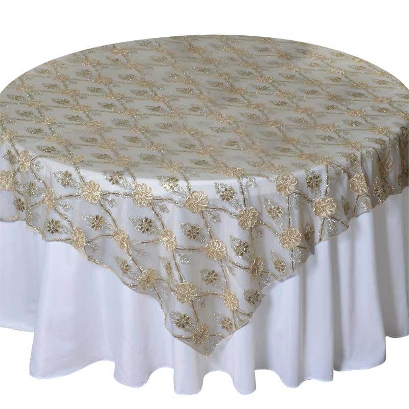 Lace Table Overlay 72"x72" Champagne with Satin Sequin Floral Embroidered Design for Upscale Celebrations - Image 3