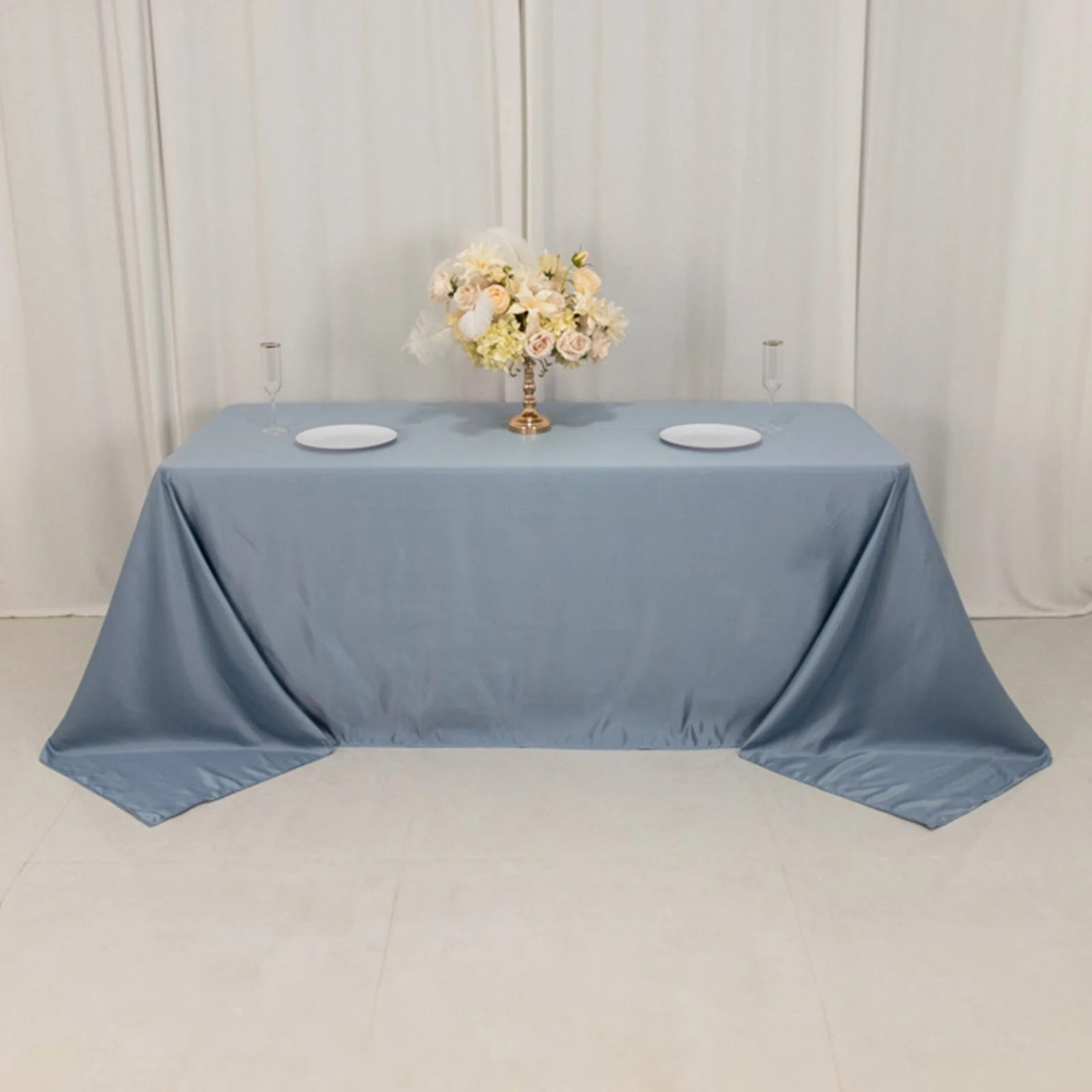 Lamour Satin Rectangle Tablecloth 90"x132" Dusty Blue - Seamless Table Cover - Image 5