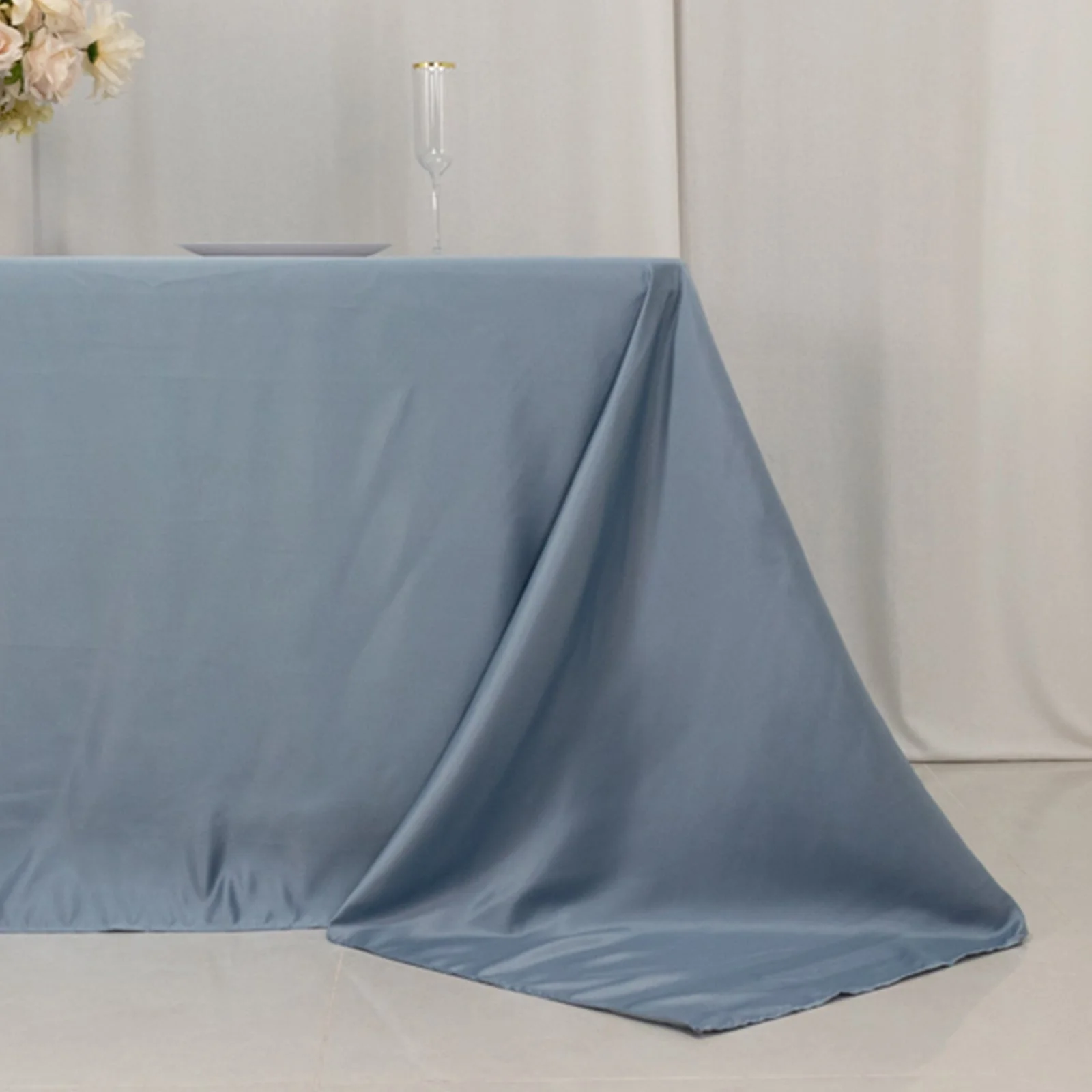 Lamour Satin Rectangle Tablecloth 90"x132" Dusty Blue - Seamless Table Cover - Image 7