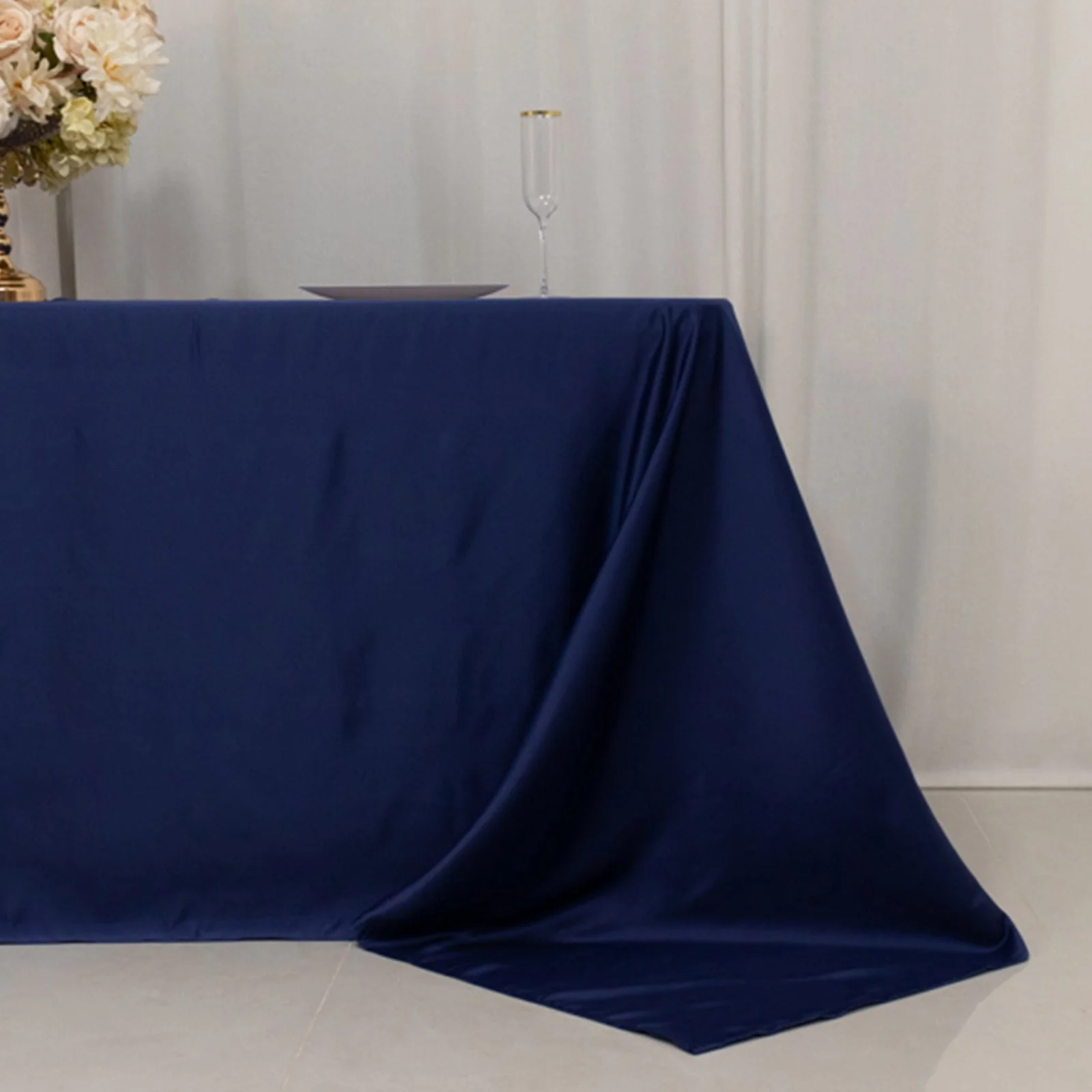 Lamour Satin Rectangle Tablecloth 90"x132" Navy Blue - Seamless Table Cover - Image 6