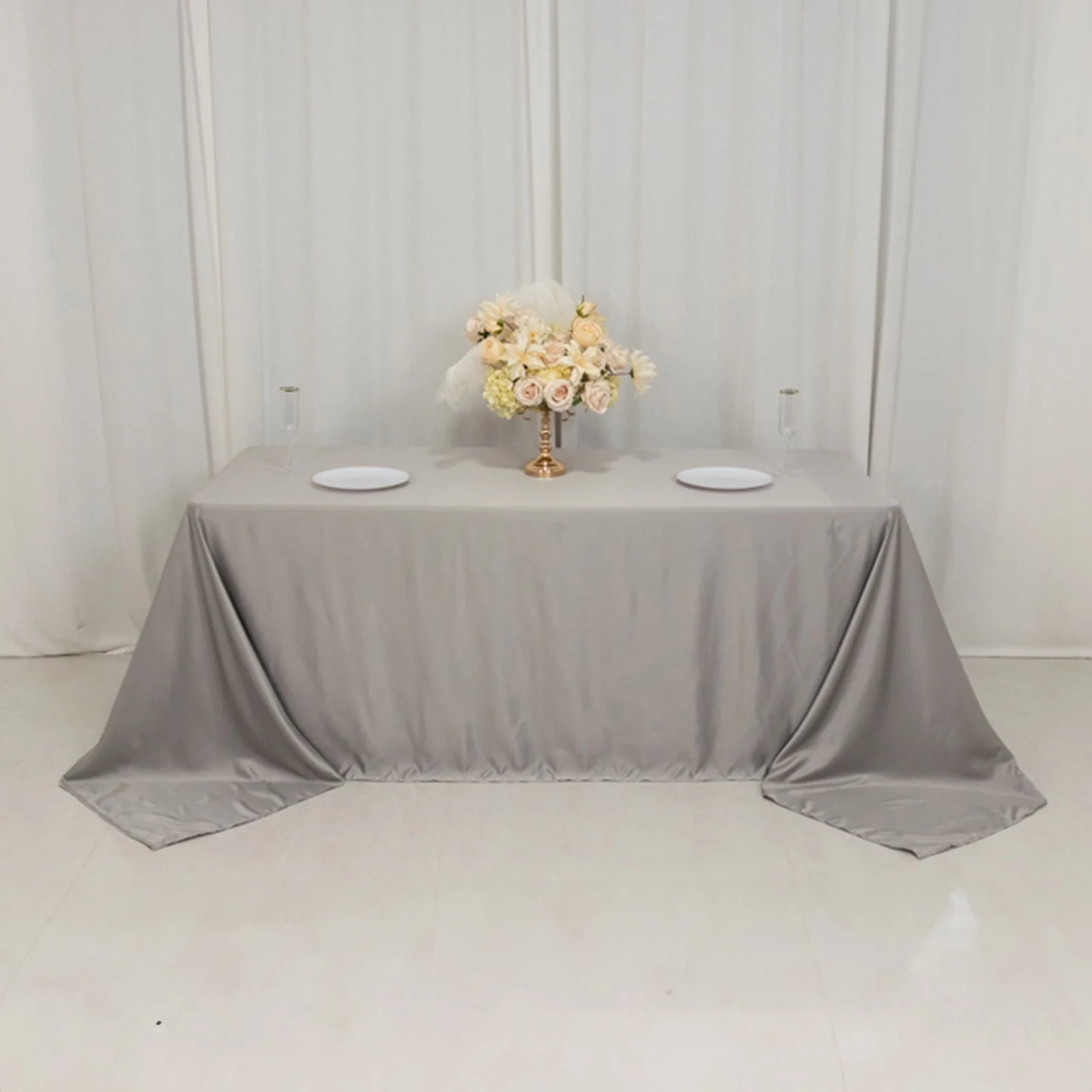 Lamour Satin Rectangle Tablecloth 90"x132" Silver - Seamless Table Cover - Image 6