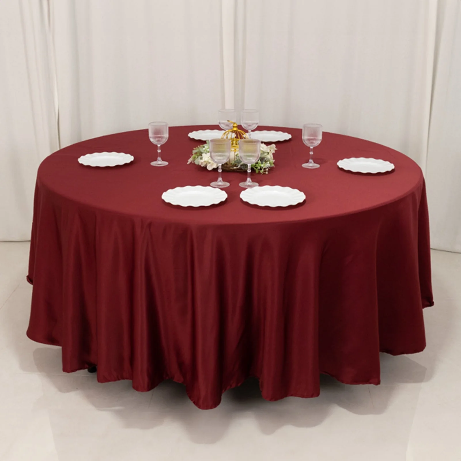 Lamour Satin Round Tablecloth 108" Burgundy - Soft Tempered Sheen Table Cover - Image 6