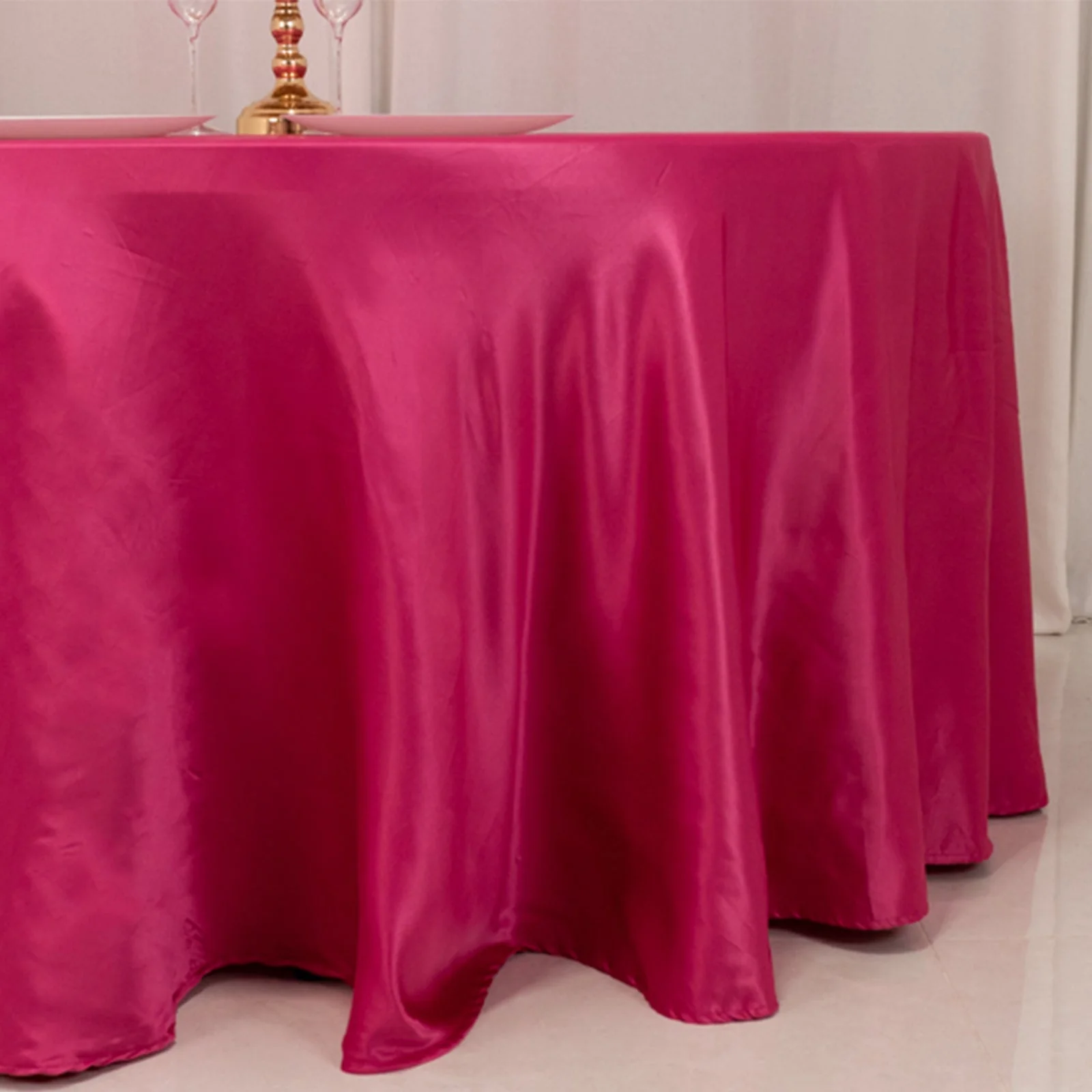 Lamour Satin Round Tablecloth 120" Fuchsia - Seamless Table Cover - Image 2