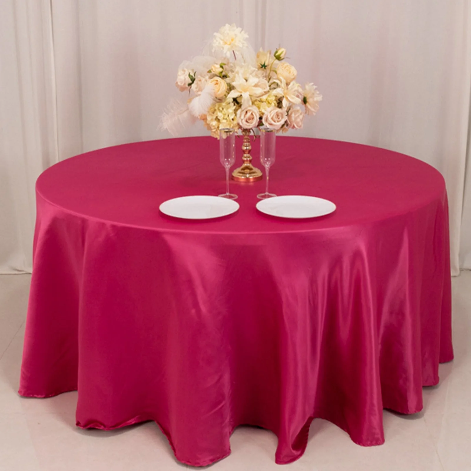 Lamour Satin Round Tablecloth 120" Fuchsia - Seamless Table Cover - Image 8