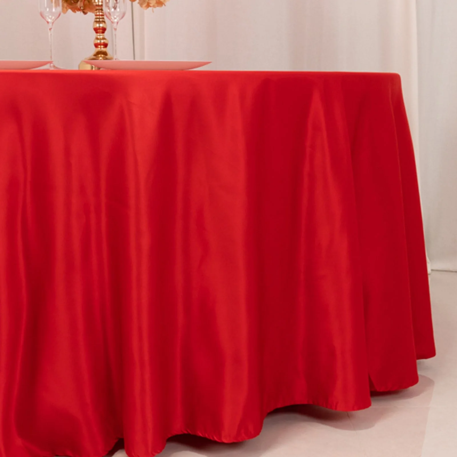 Lamour Satin Round Tablecloth 120" Red - Seamless Table Cover - Image 2