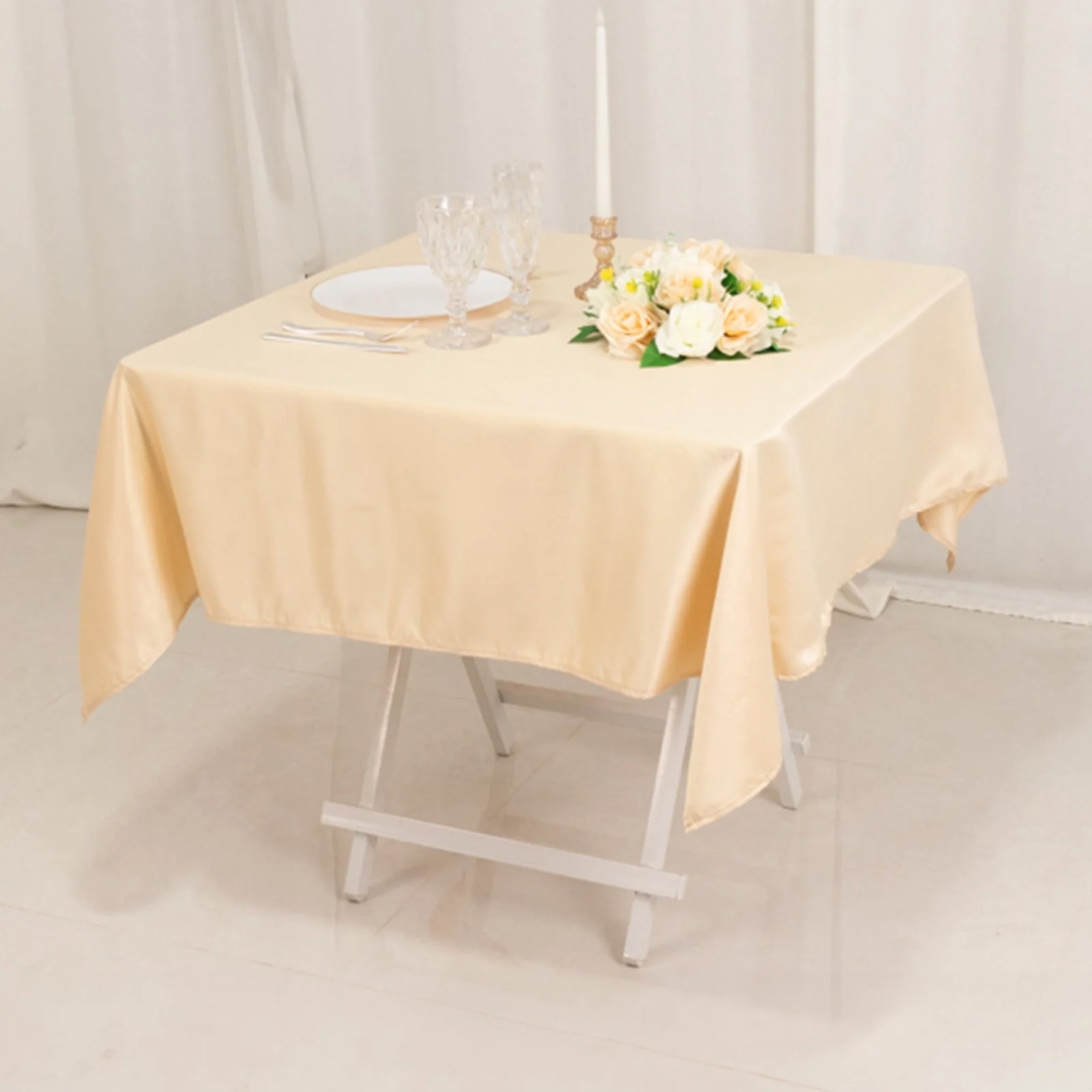 Lamour Satin Square Table Overlay 54"x54" Beige - Soft Tempered Sheen Table Topper - Image 2
