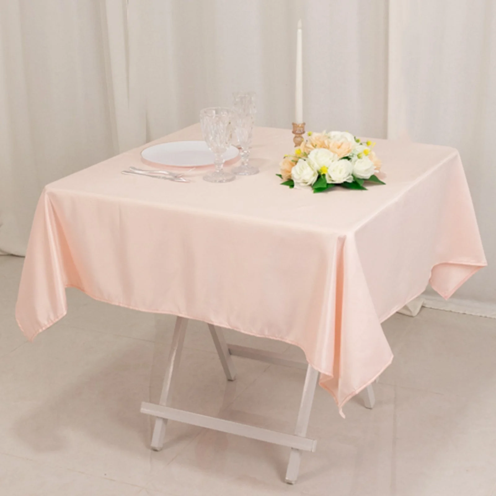 Lamour Satin Square Table Overlay 54"x54" Blush - Soft Tempered Sheen Table Topper - Image 2