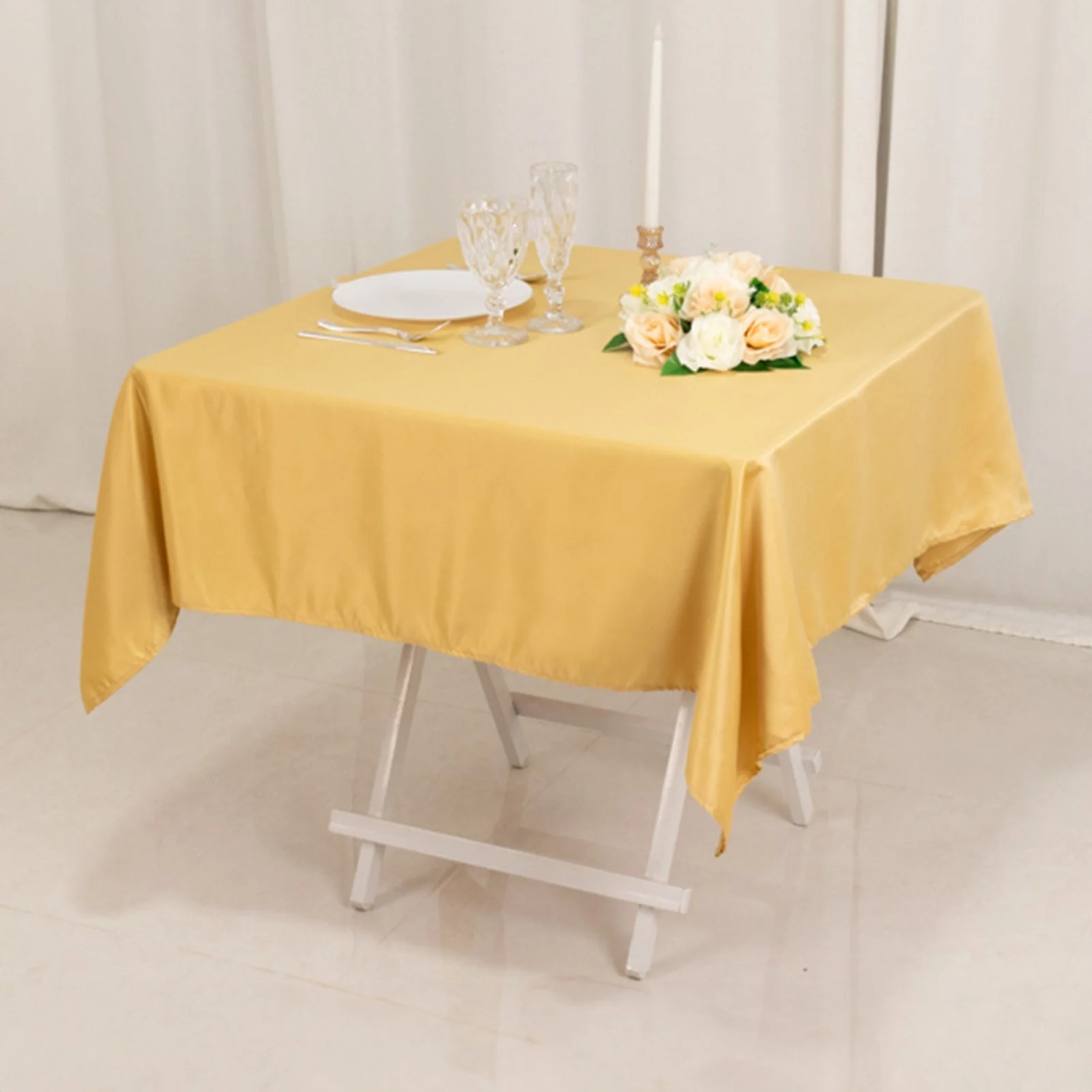 Lamour Satin Square Table Overlay 54"x54" Champagne - Soft Tempered Sheen Table Topper - Image 2