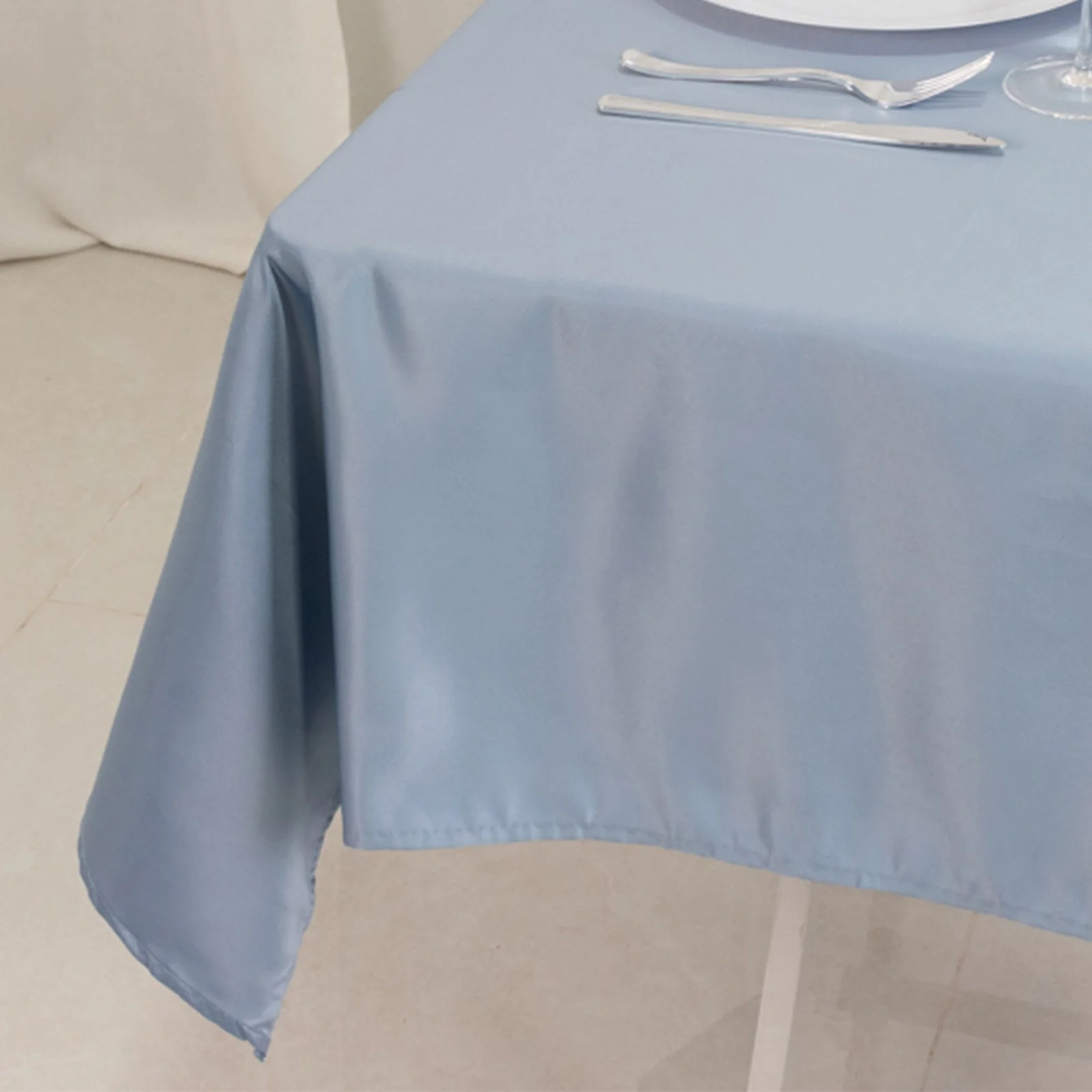 Lamour Satin Square Table Overlay 54"x54" Dusty Blue - Soft Tempered Sheen Table Topper - Image 4