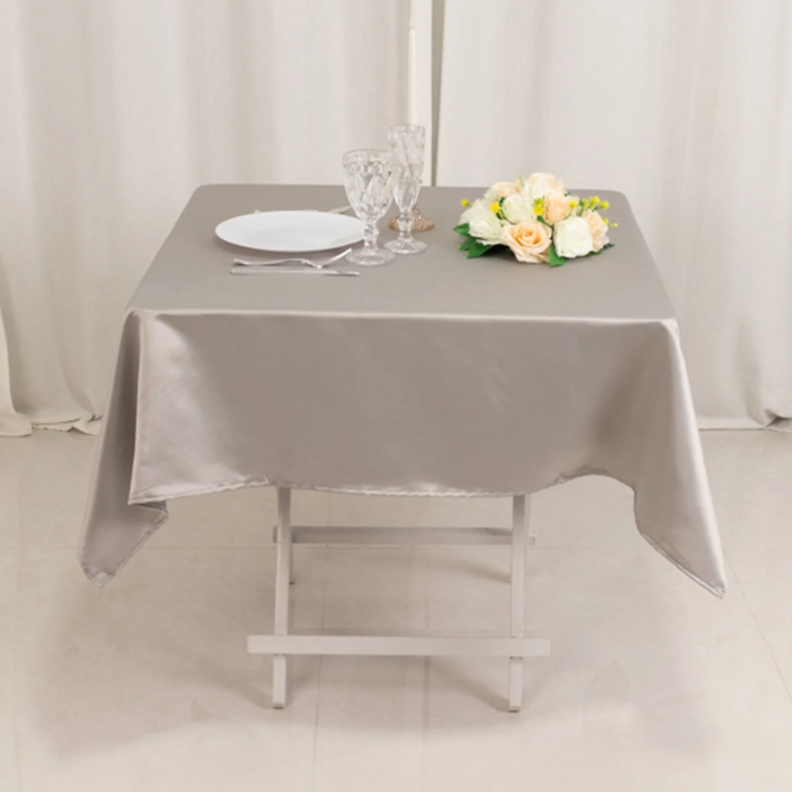Lamour Satin Square Tablecloth 54"x54" Silver - Classy Silk-Like Table Cover - Image 2