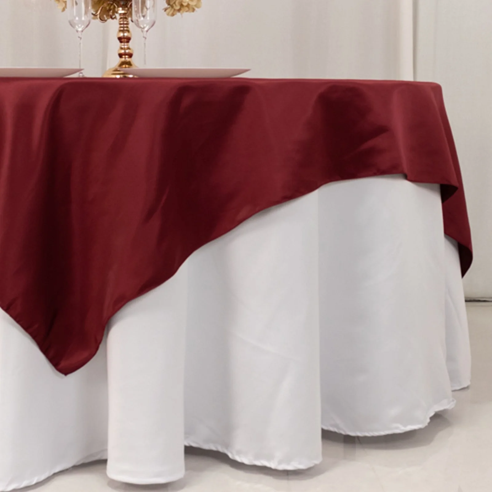 Lamour Satin Table Overlay 72"x72" Burgundy with Smooth Finish - Image 2