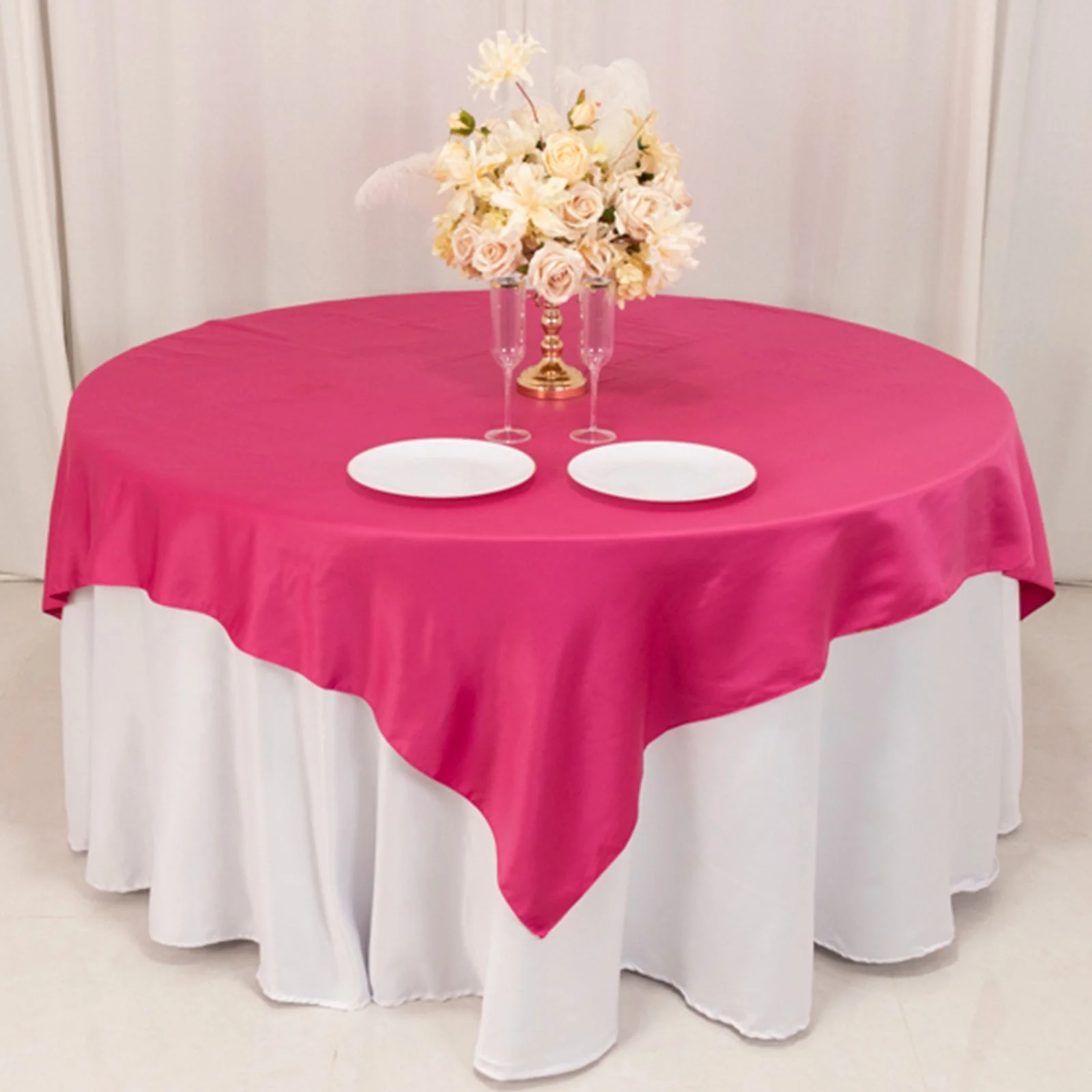 Lamour Satin Table Overlay 72"x72" Fuchsia with Smooth Finish - Image 4