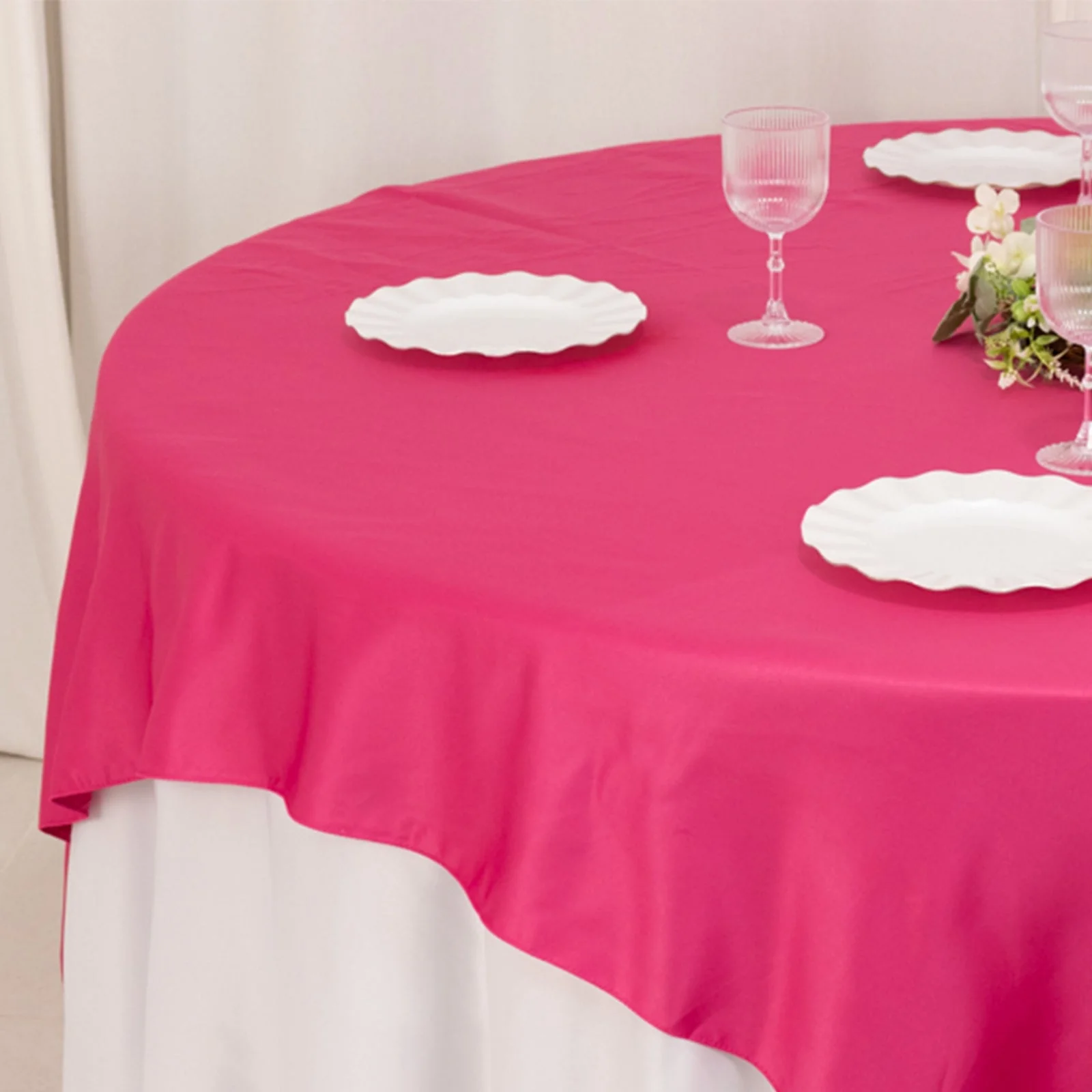 Lamour Satin Table Overlay 72"x72" Fuchsia with Smooth Finish - Image 6