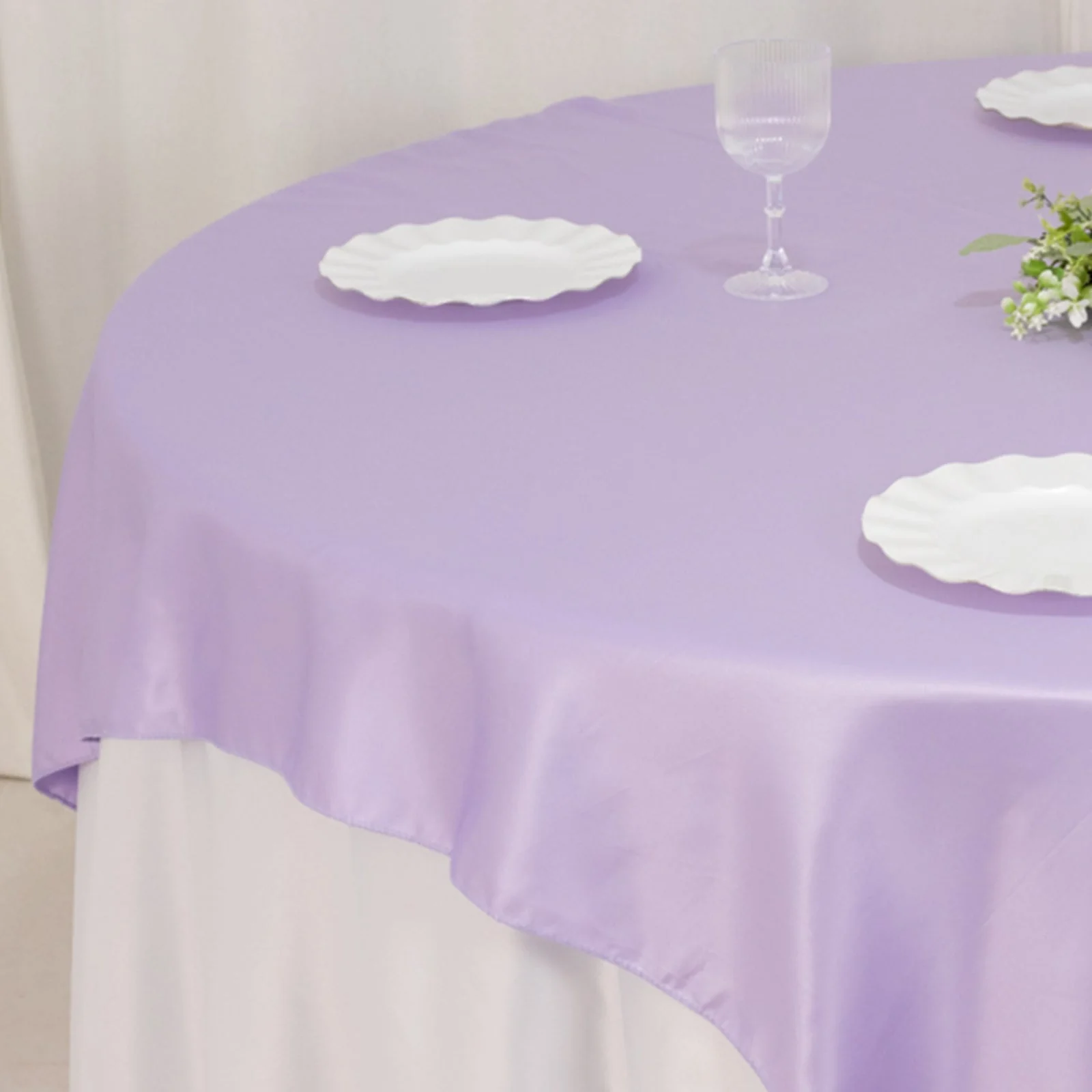 Lamour Satin Table Overlay 72"x72" Lavender Lilac with Smooth Finish - Image 6