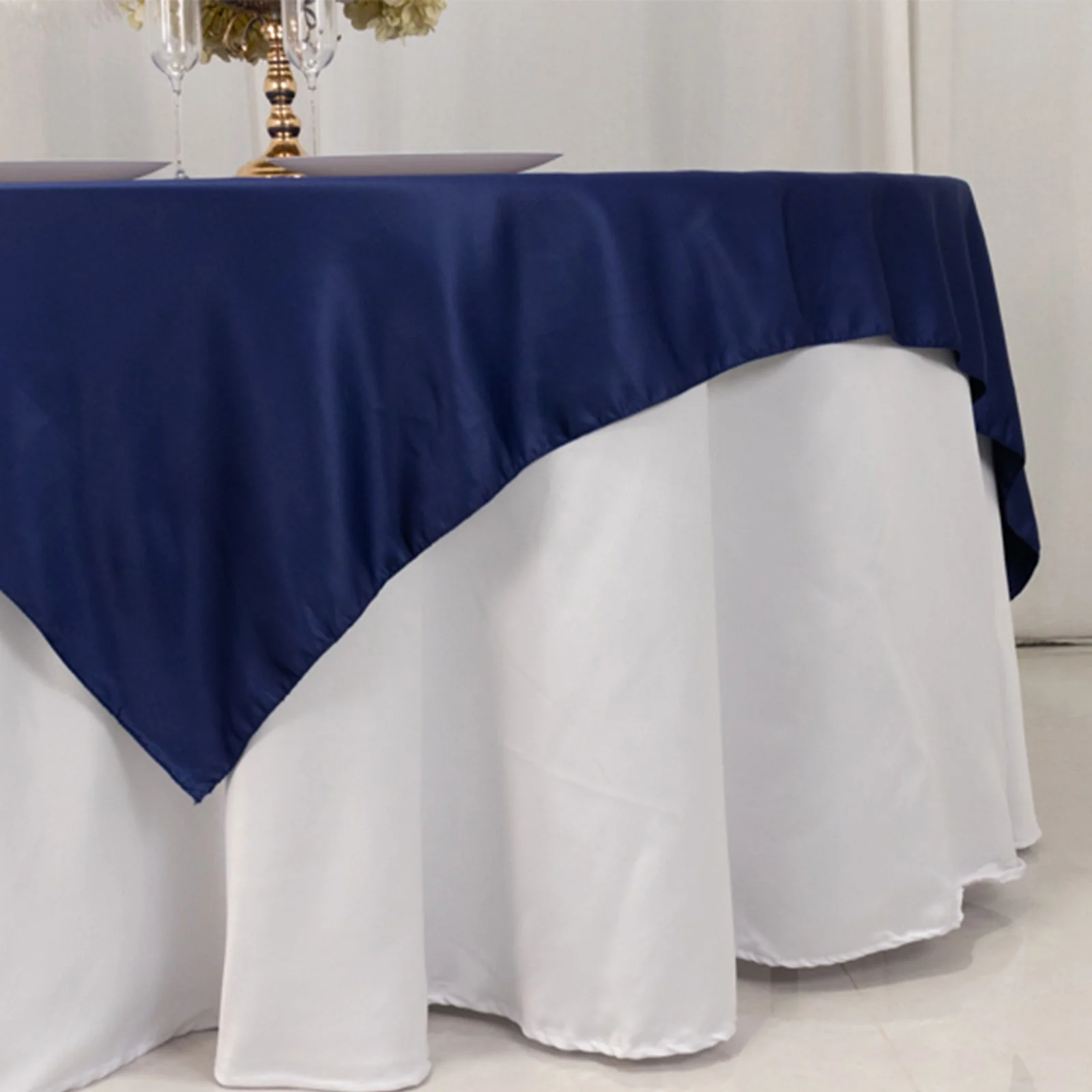 Lamour Satin Table Overlay 72"x72" Navy Blue with Smooth Finish - Image 2