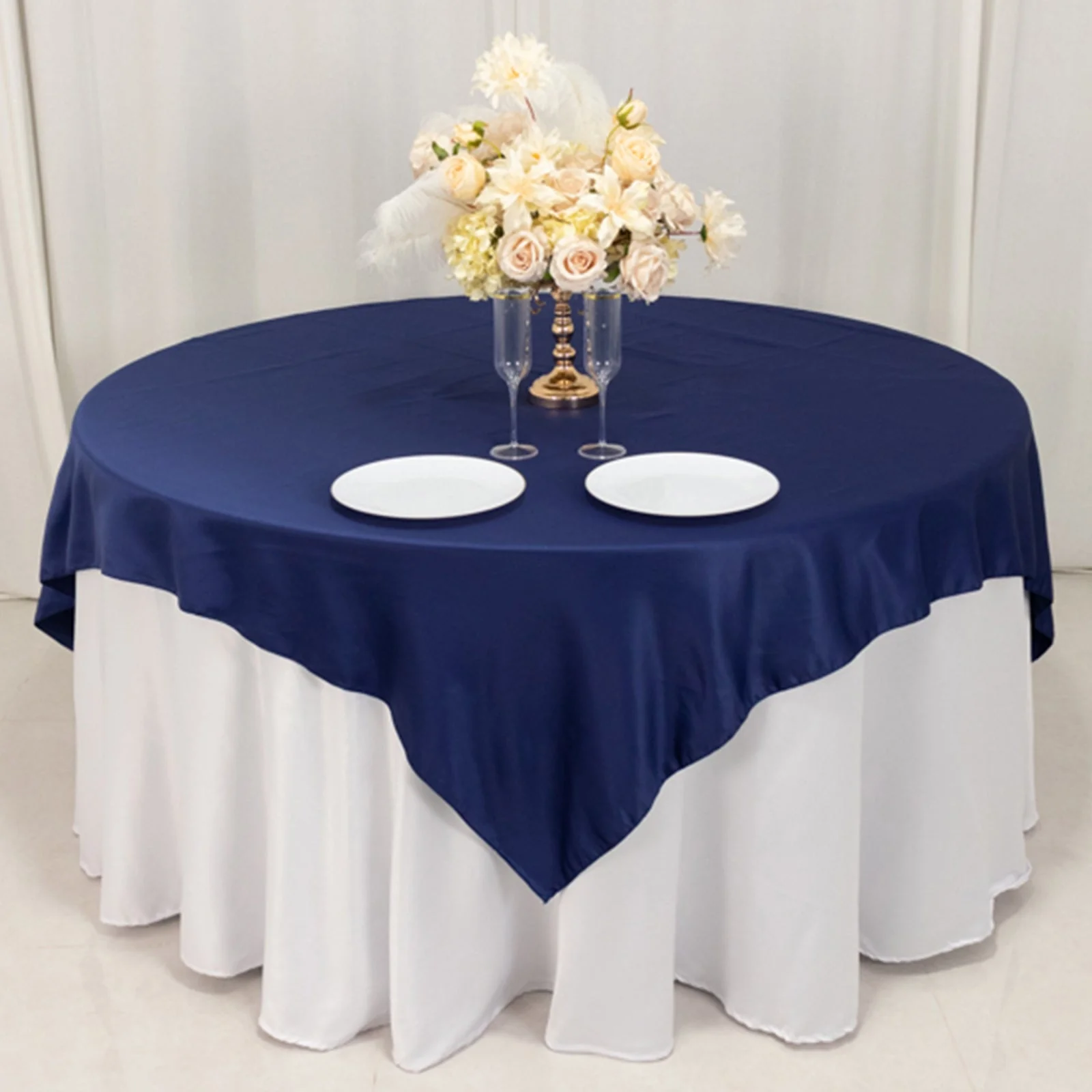 Lamour Satin Table Overlay 72"x72" Navy Blue with Smooth Finish - Image 4