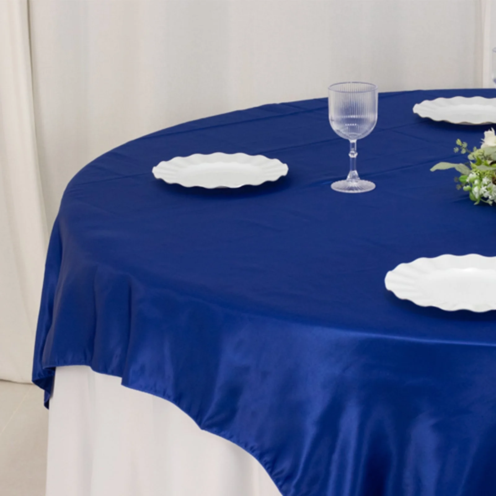 Lamour Satin Table Overlay 72"x72" Royal Blue with Smooth Finish - Image 6