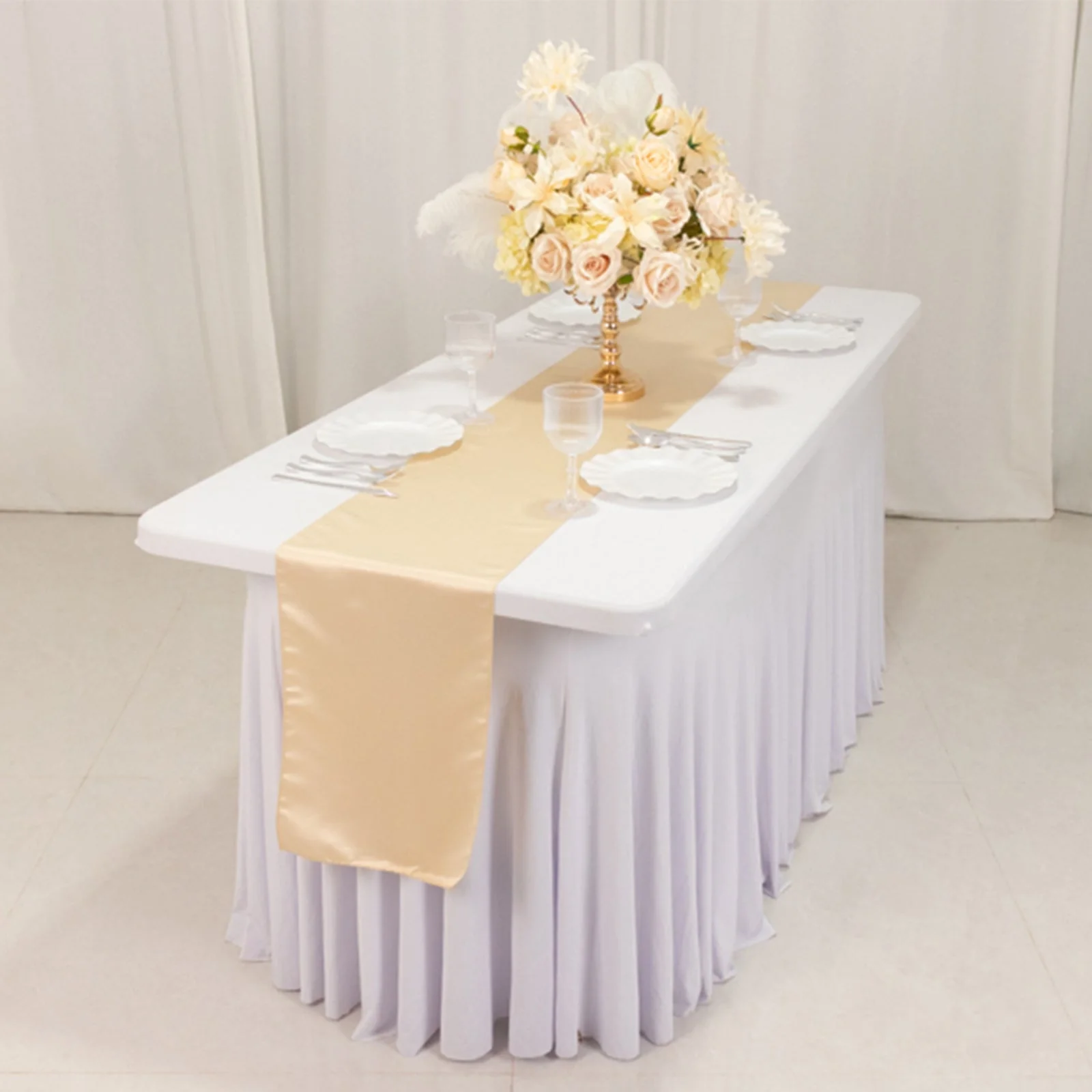 Lamour Satin Table Runner 12"x108" Beige - Lustrous Wedding Decor - Image 2