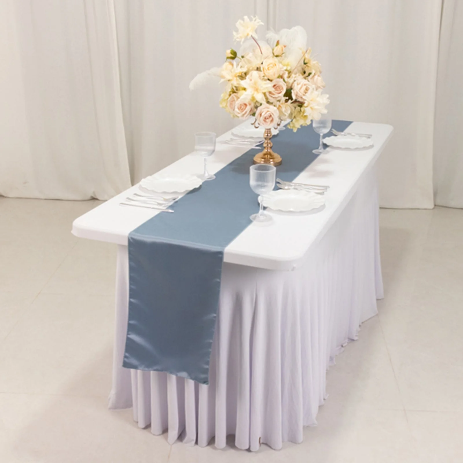 Lamour Satin Table Runner 12"x108" Dusty Blue - Lustrous Wedding Decor - Image 2