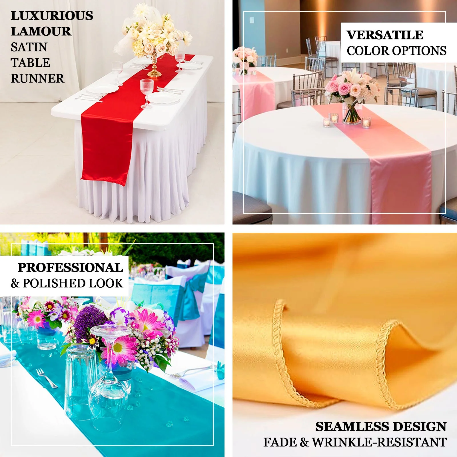 Lamour Satin Table Runner 12"x108" Gold - Smooth & Lustrous Wedding Decor - Image 4