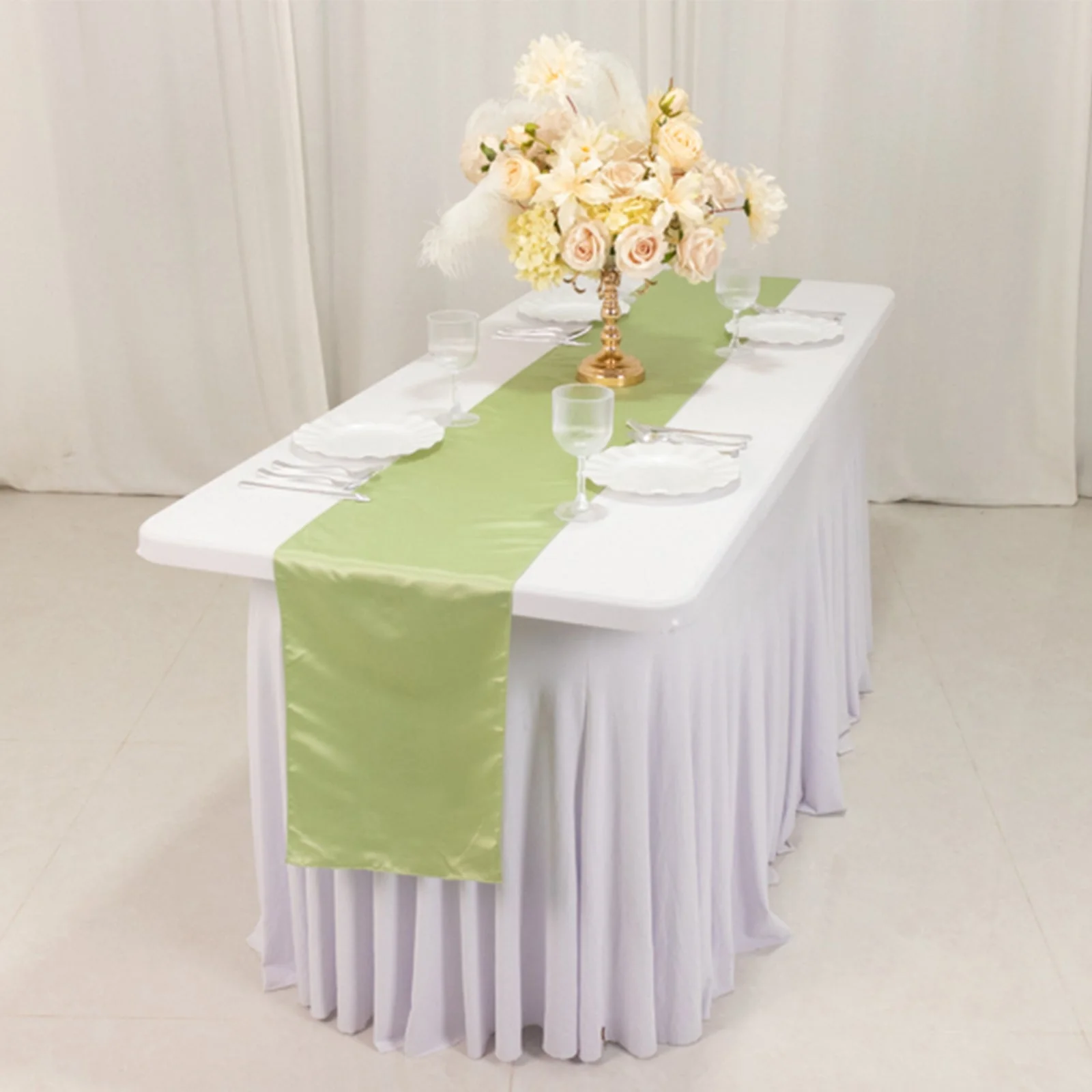 Lamour Satin Table Runner 12"x108" Sage Green - Lustrous Wedding Decor - Image 2