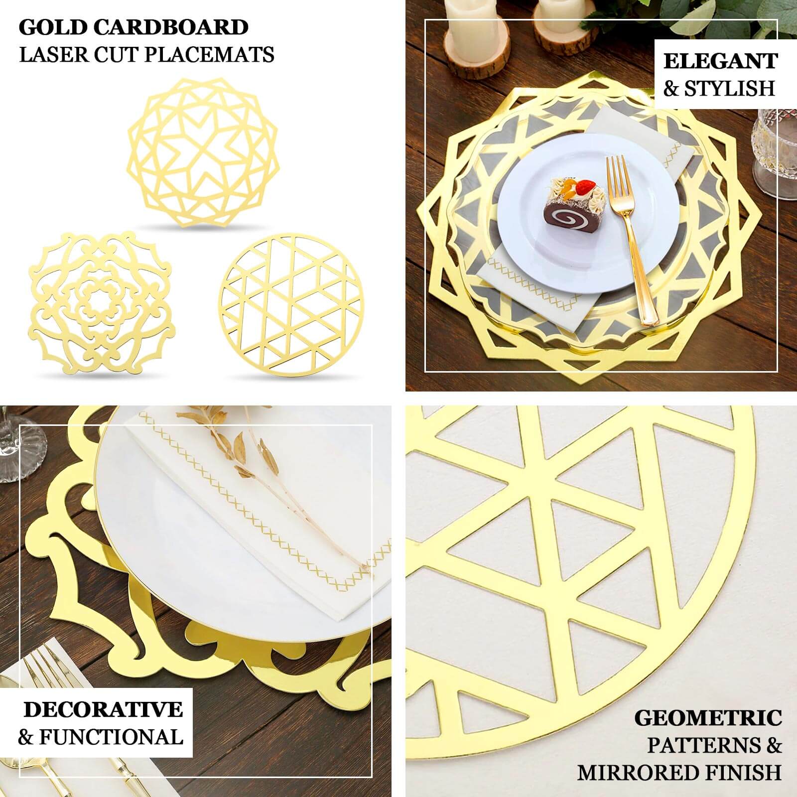 6-Pack Disposable Table Placemats 13" Metallic Gold Laser Cut Flower Design - 700GSM Cardboard Placemats for Upscale Occasions - Image 4