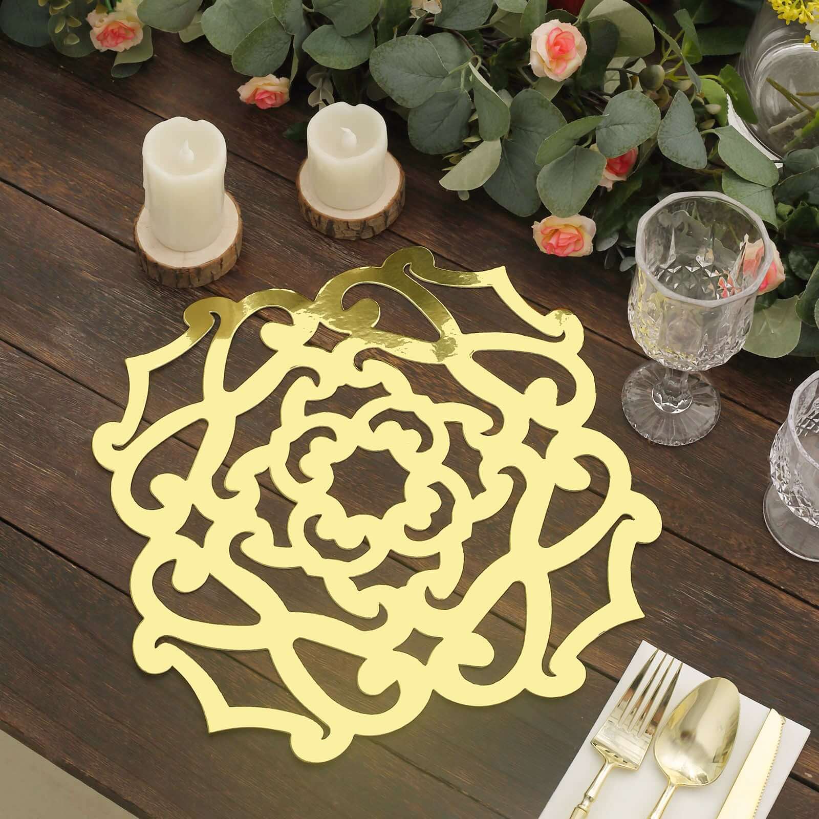 6-Pack Disposable Table Placemats 13" Metallic Gold Laser Cut Flower Design - 700GSM Cardboard Placemats for Upscale Occasions - Image 6